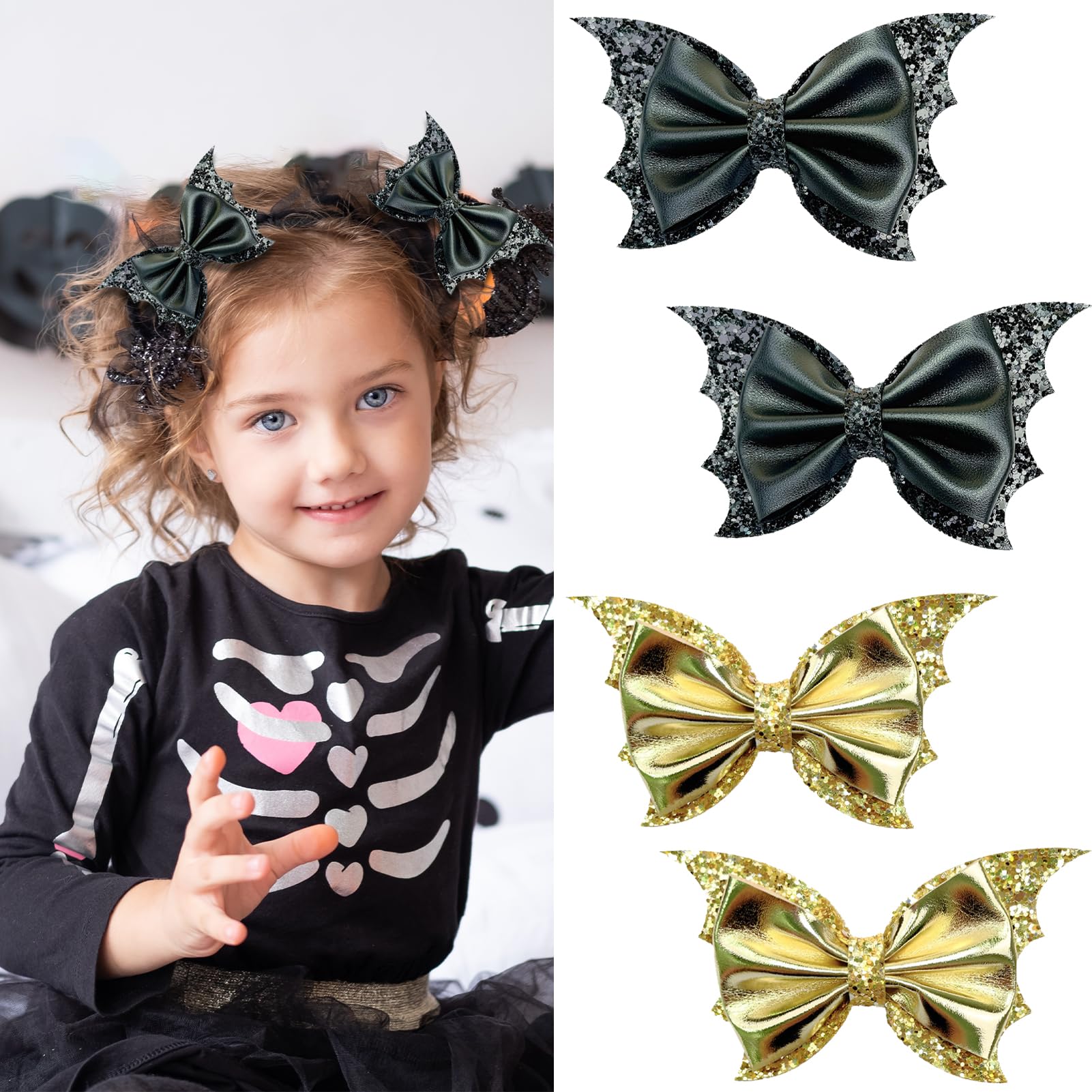 Halloween Bat Wing Hair Bows for Girls – 4PCS Glitter Faux Leather Hair Clips, Cute Halloween Hair Accessories for Kids Toddlers Women Party Costume