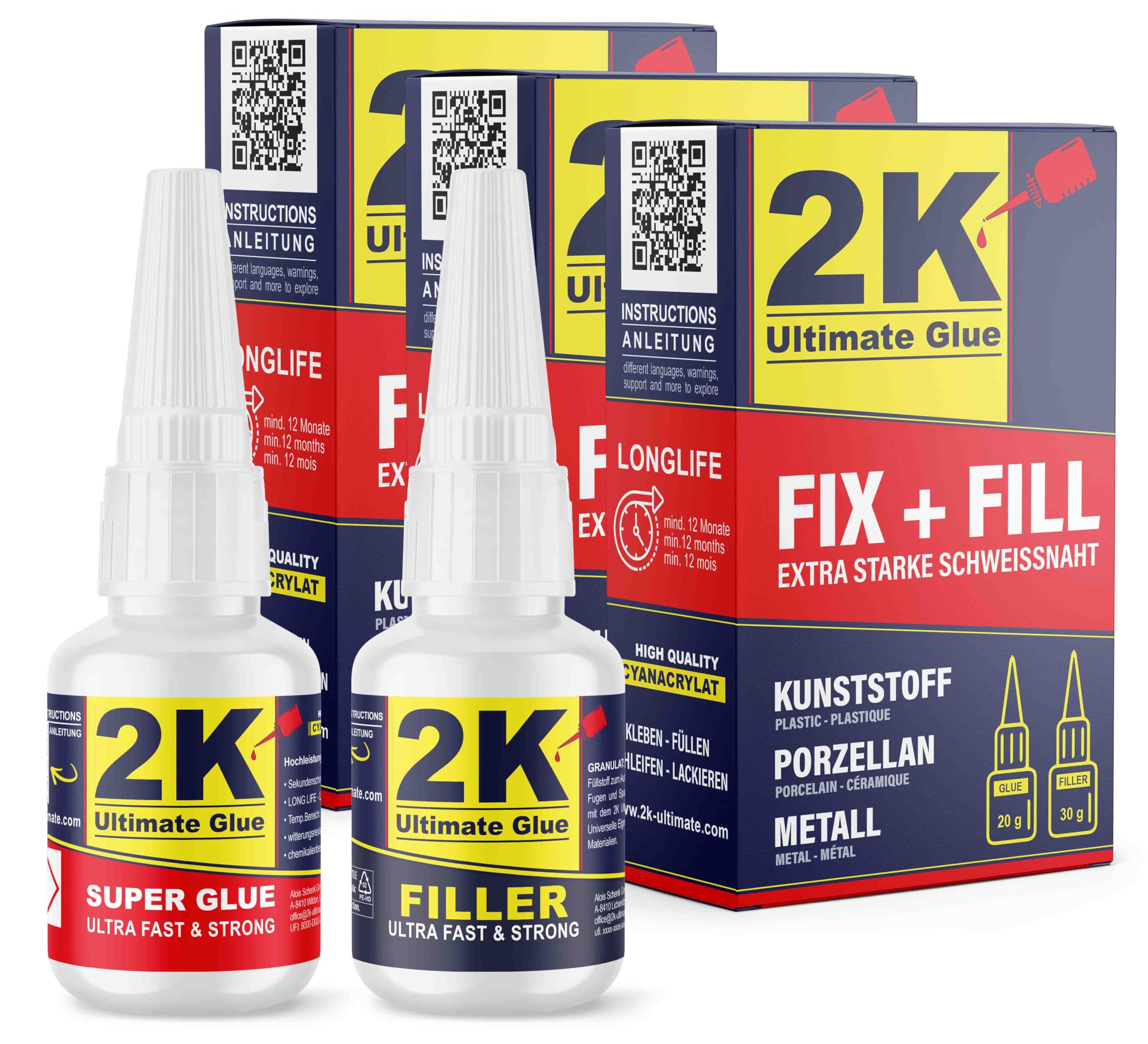 FIX + FILL Kleber extra stark für Kunststoff Gummi Stein Keramik Sekundenkleber/Superkleber - Kunststoff Reparaturset Super glue 2 komponenten Kleber Industriekleber (3 Sets)