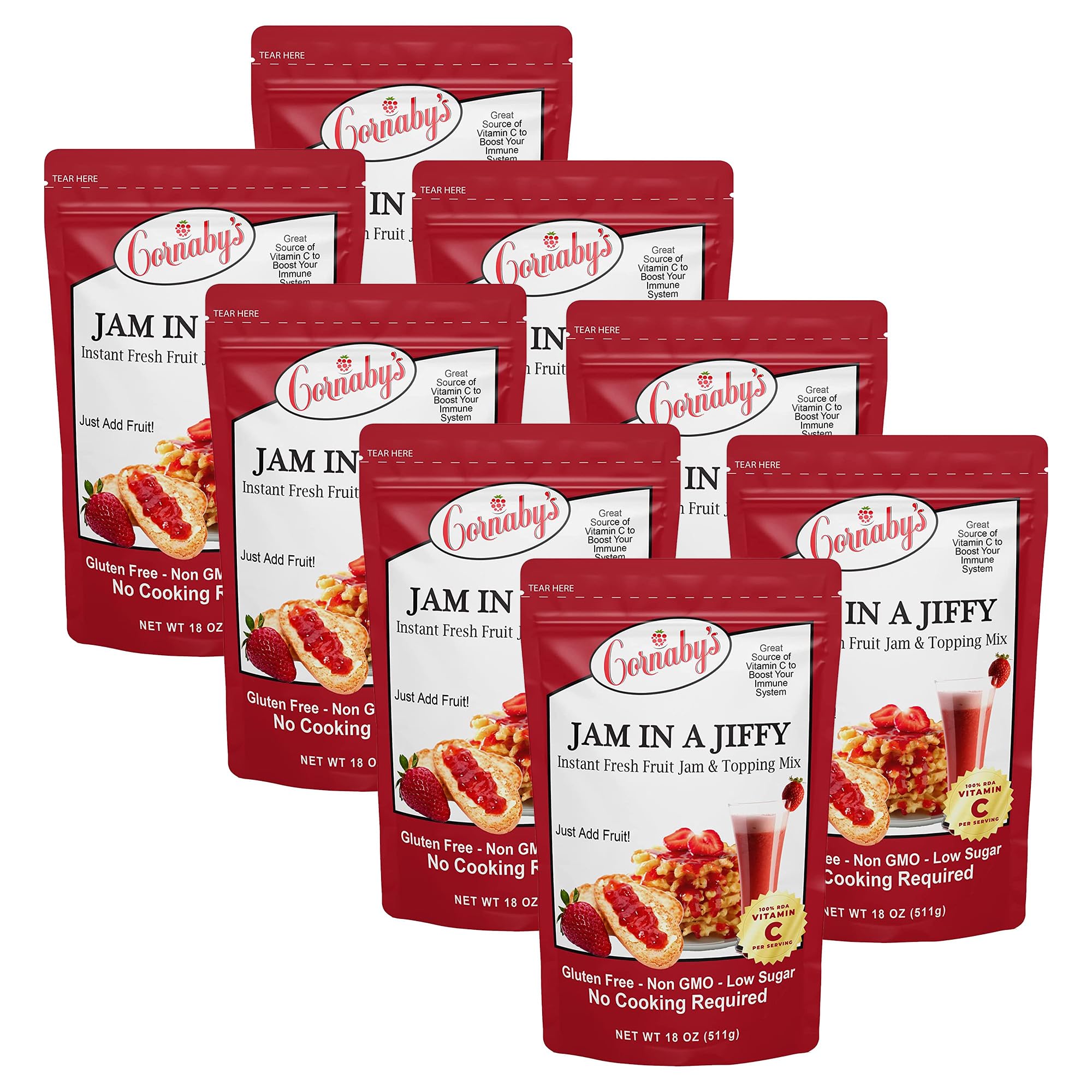 Jam in a Jiffy Cornaby's - Instant Fresh or Freezer, No Cook, Low Sugar Mix, Pack of 8, Make Delicious, Low Sugar, Low Calorie Homemade , 18 Oz