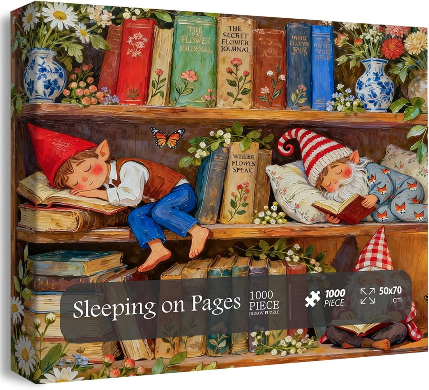 PICKFORU Gnomes Bookshelf 1000 Piece Puzzle for Adults, Book Flower Jigsaw Puzzles Dwarf, Vintage Library Puzzles
