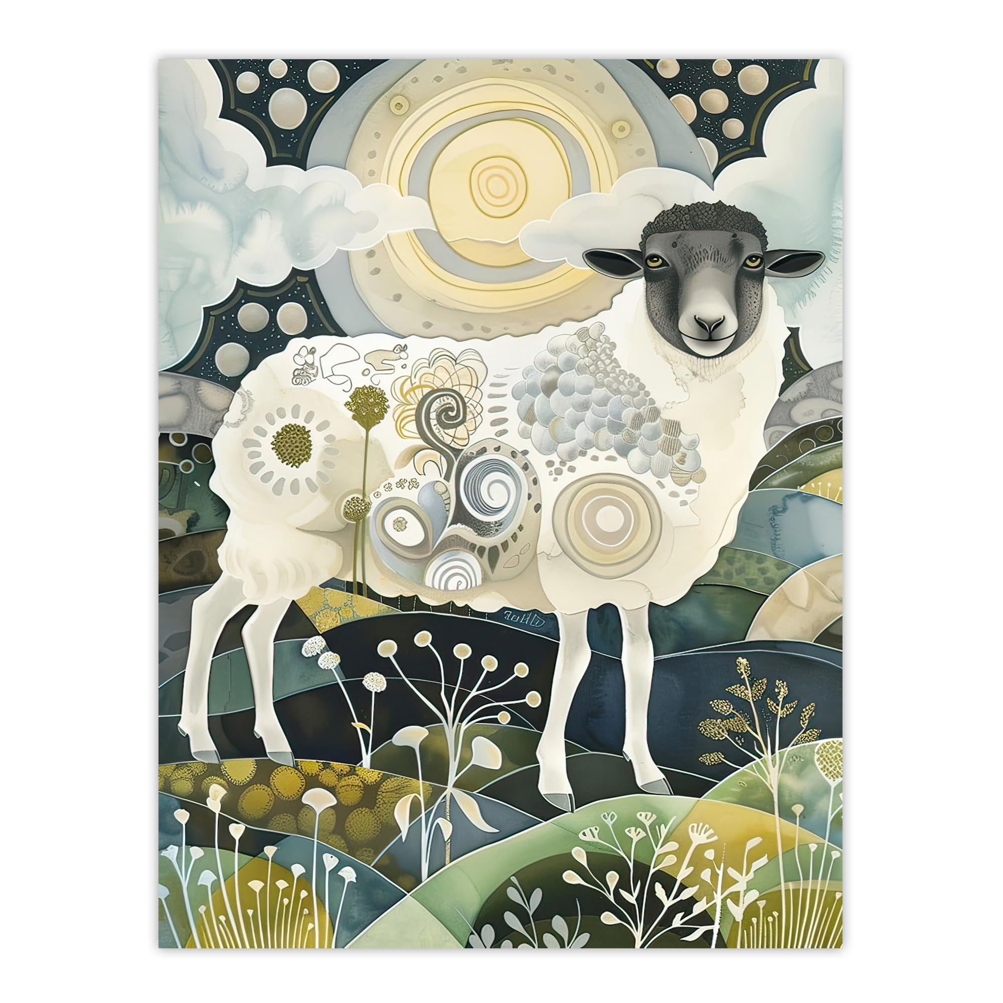 Artery8 Stylised Sheep Folk Art Wall Art Print - Full Moon - Navy - W24 inch x H32 inch