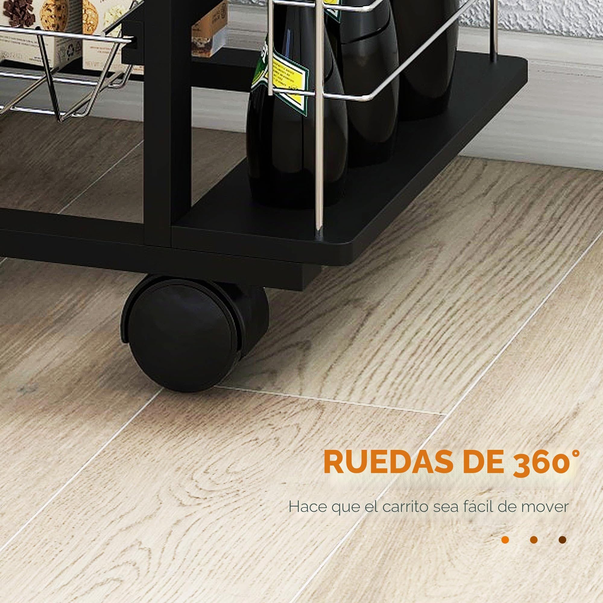 HOMCOM Carro de Servicio de Cocina con Ruedas, multialmacenamiento, 4 cestas de Metal cajón + 4 Botellas, Madera de Pino Negro, Bandeja de baldosas, Color Blanco