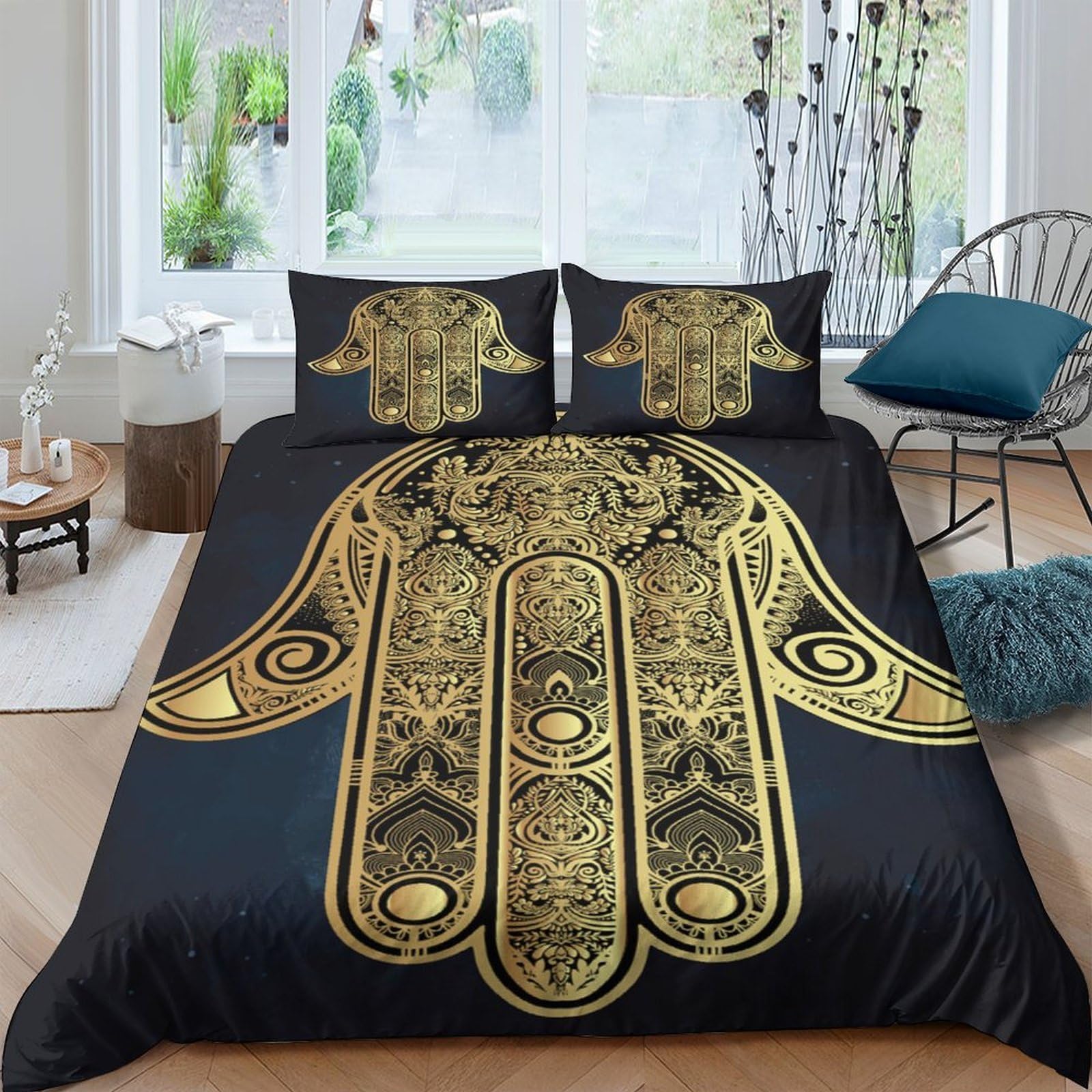 Ctjqhvkz Style-10 3D Printed Hamsa Hand Fitted Sheet Microfiber Black Gold Mandala Bed Cover Non Slip Machine Washable Decor Single（135X200cm）
