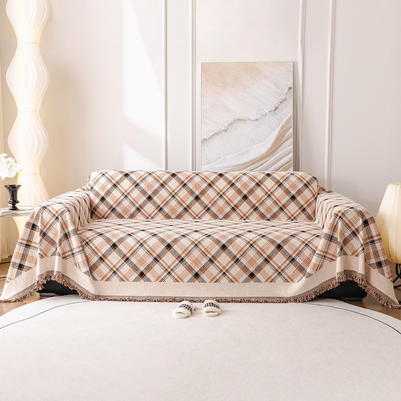 DREAMINGO Chenille Couch Cover Protector Checkered Jacquard Sofa Covers for 3 Cushion Couch Pet Friendly Reversible Western Couch Cover for Dogs Washable Non Slip Chic Couch Cover Blanket 71"x150" โ image 1