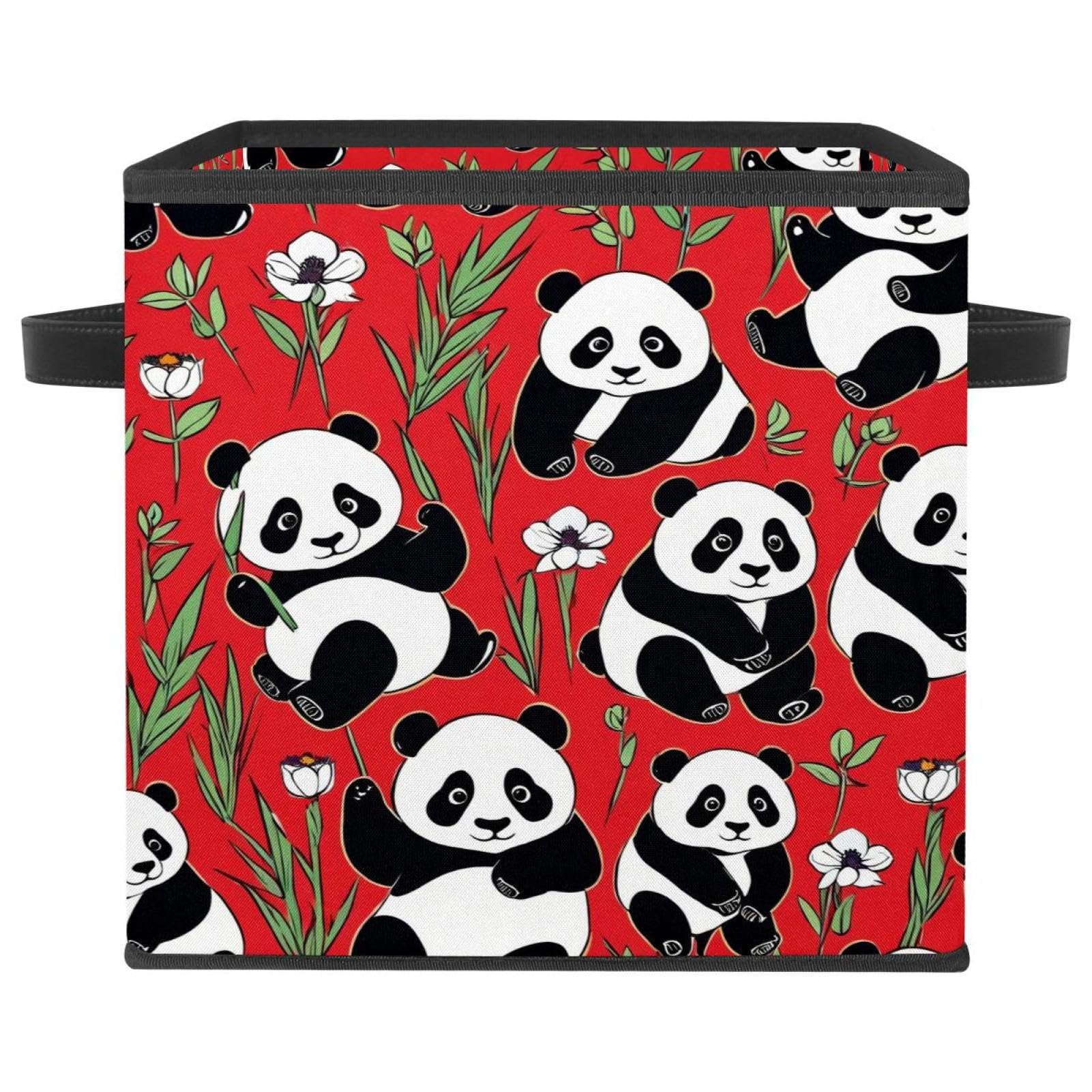 Grand bac de rangement panda mignon sur rouge avec structure rigide