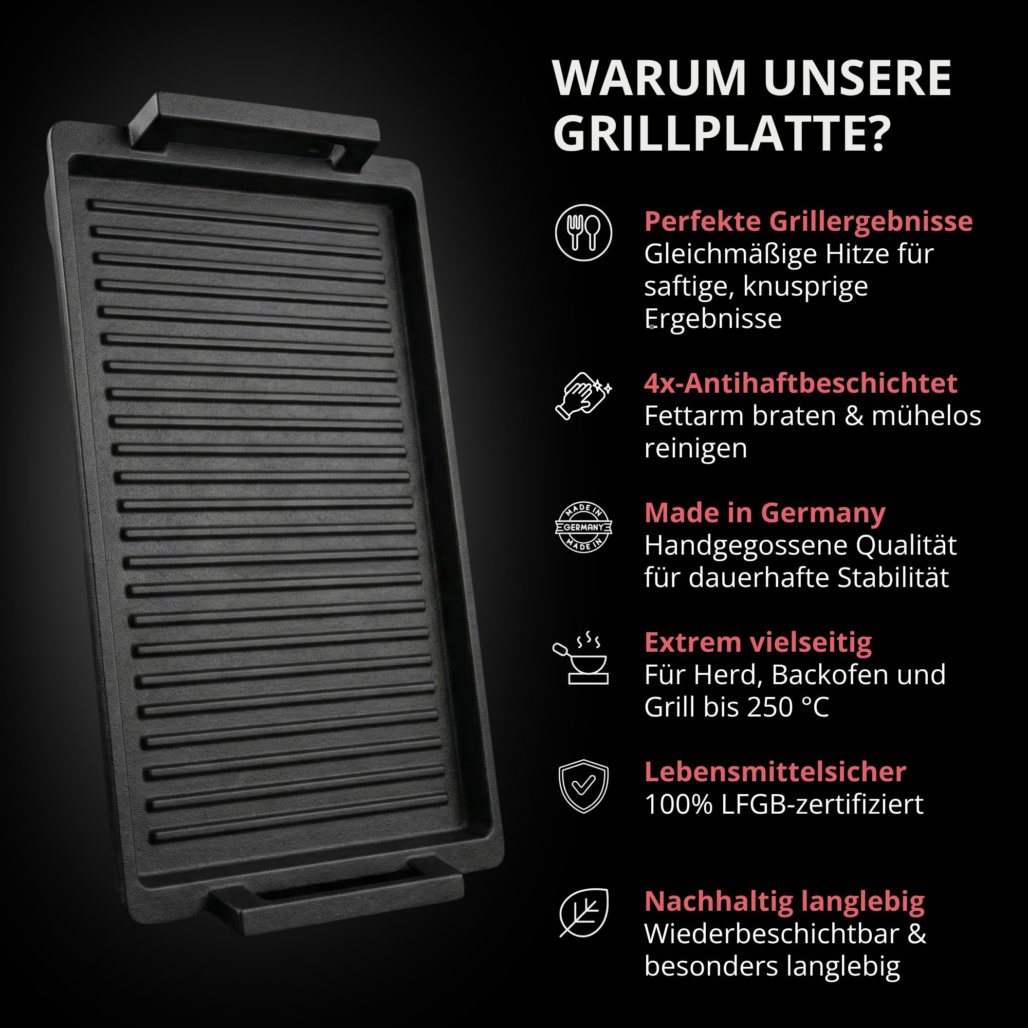 Lieblingspfanne Grillplatte BBQ 41x24 cm I mit Seitengriffen & 4-fach-Antihaftbeschichtung I aus Aluminium Guss für alle Herdarten inkl. Induktion & Gasgrill
