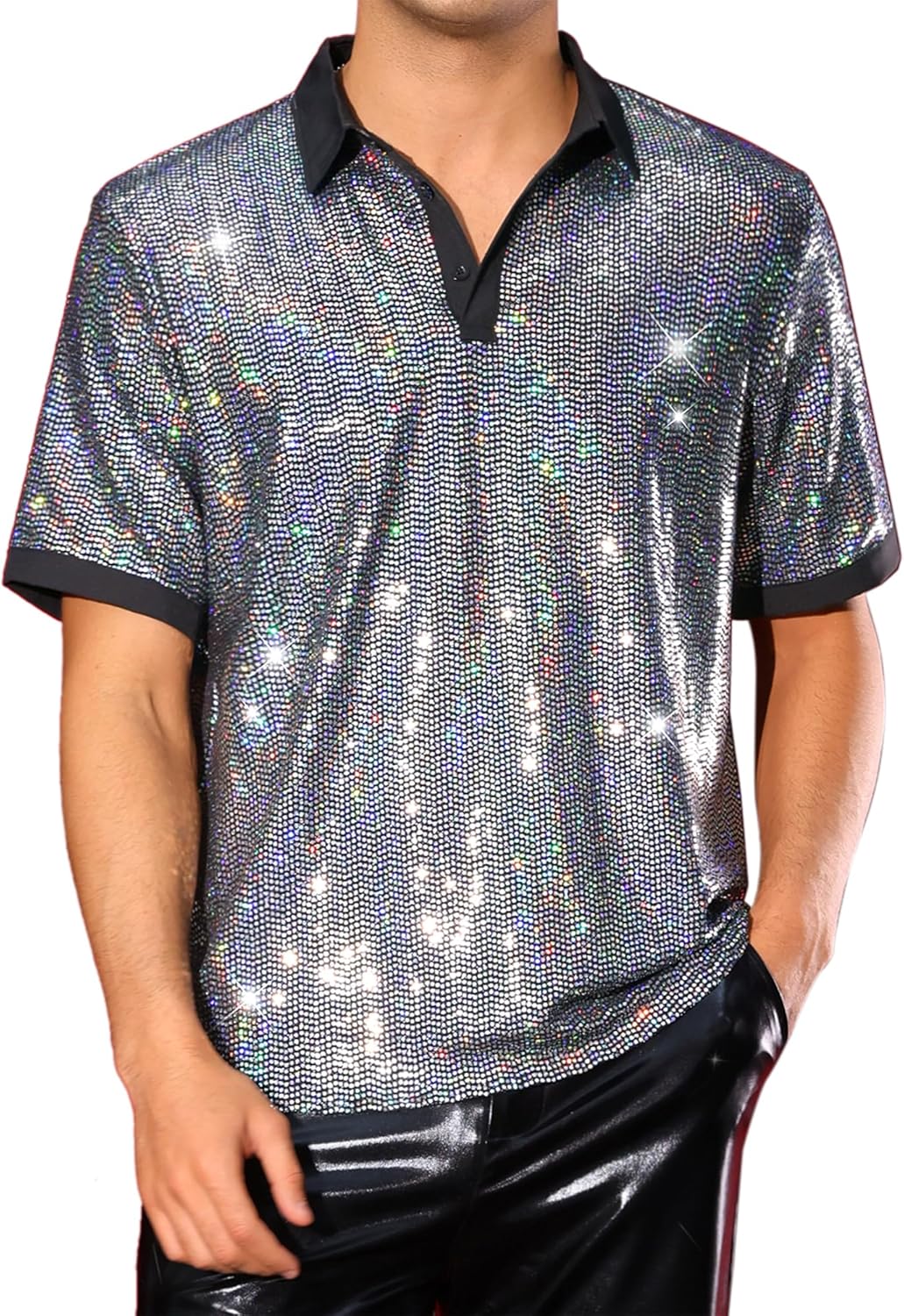 Lars Amadeus Sequin Polo for Men's Shiny Short Sleeved Party Disco Metallic Polo Shirts