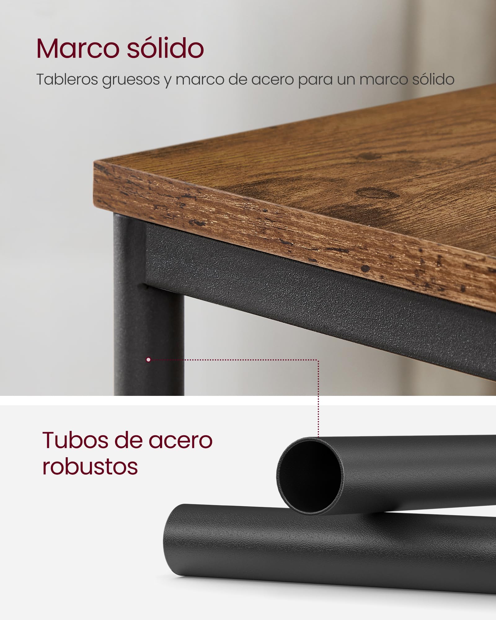 VASAGLE Juego de 2, Mesa de Sofá, Mesa Auxiliar de 2 Niveles, Mesita de Noche con Marco de Acero, para Salón, Dormitorio, Estudio, Marrón Rústico y Negro Tinta LET272B01