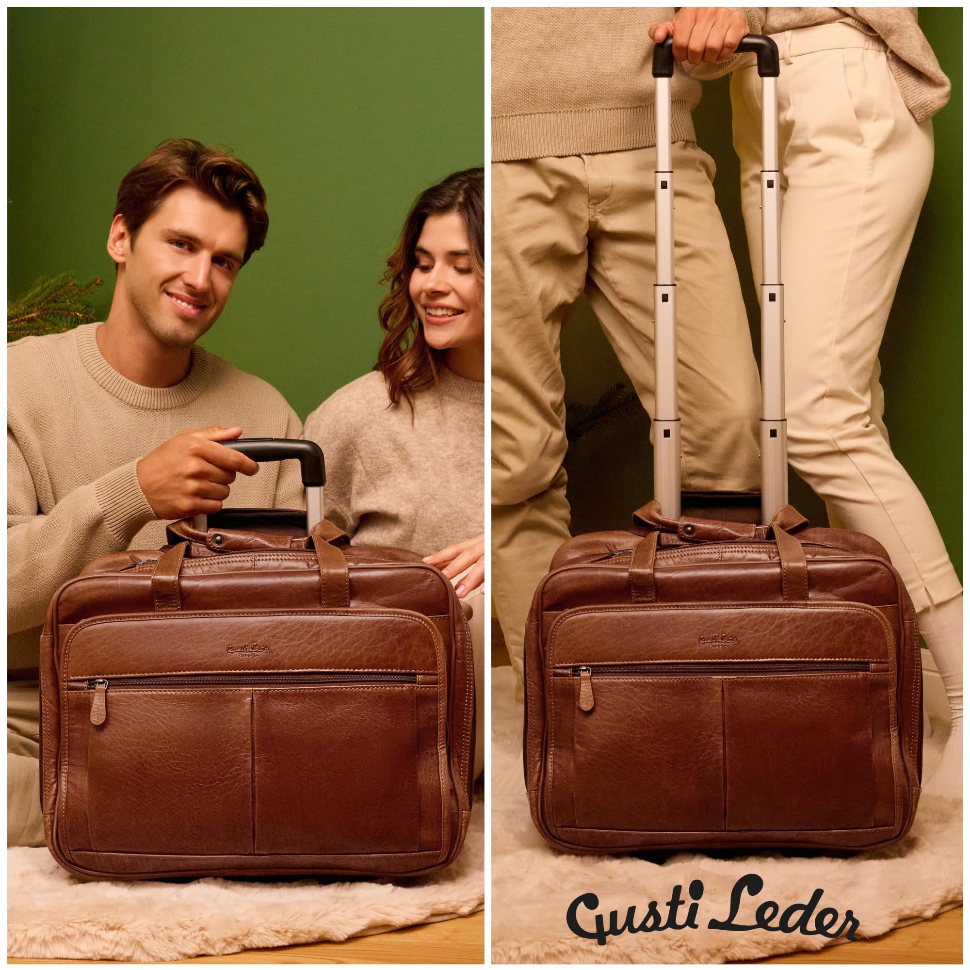 Gusti Leder Trolley Rollkoffer Handgepäck – Echtes Leder Cabin Suitcase mit Rollen – Business Trolley & Aktentasche mit Laptopfach für Reisen und Arbeit