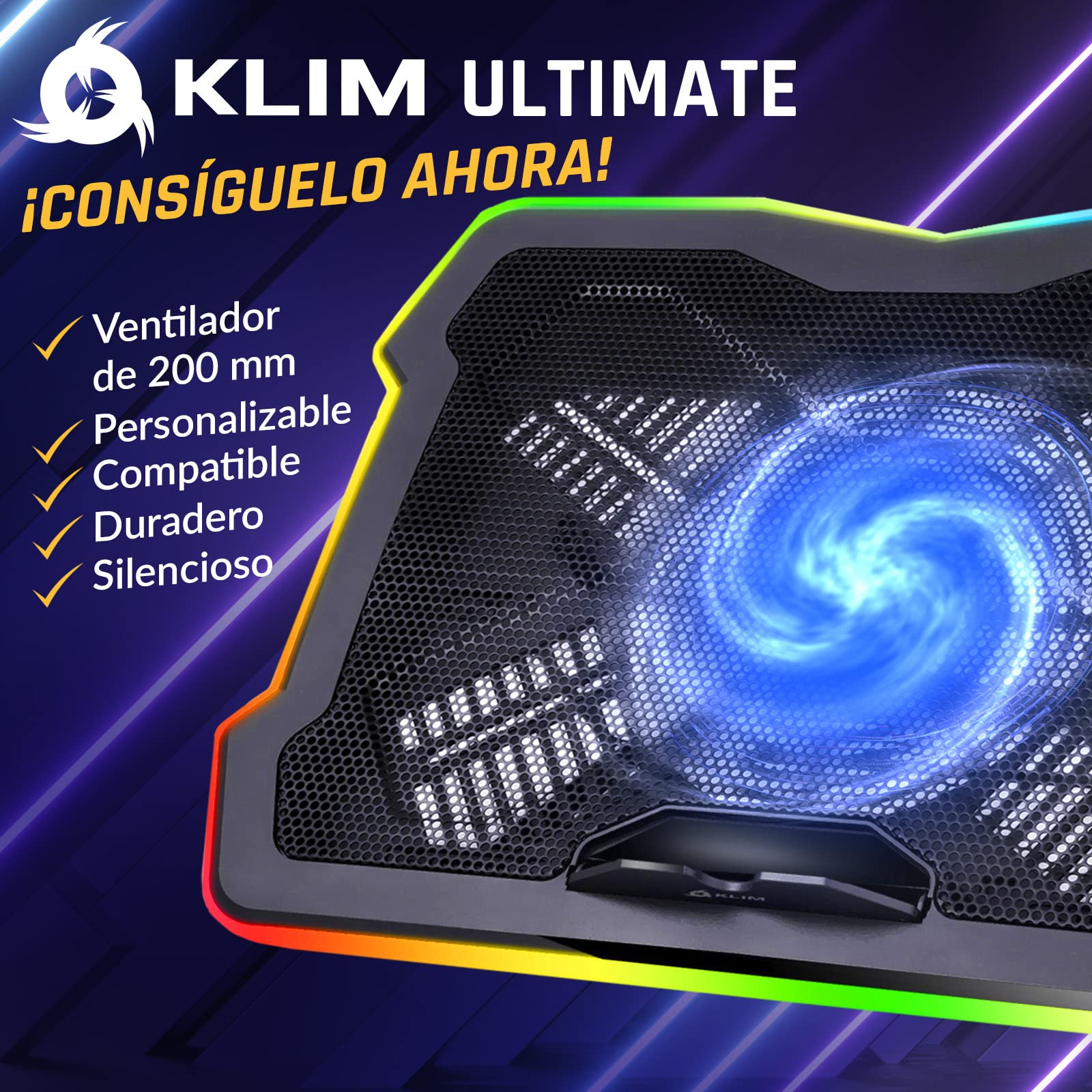 KLIM Ultimate - Base Refrigeradora Portatil RGB - 11" a 17" - Refrigerador Portátil Gaming - Nueva - Ventilador USB - Estable y silenciosa - Compatible con Mac PS4 PS5 - Negro