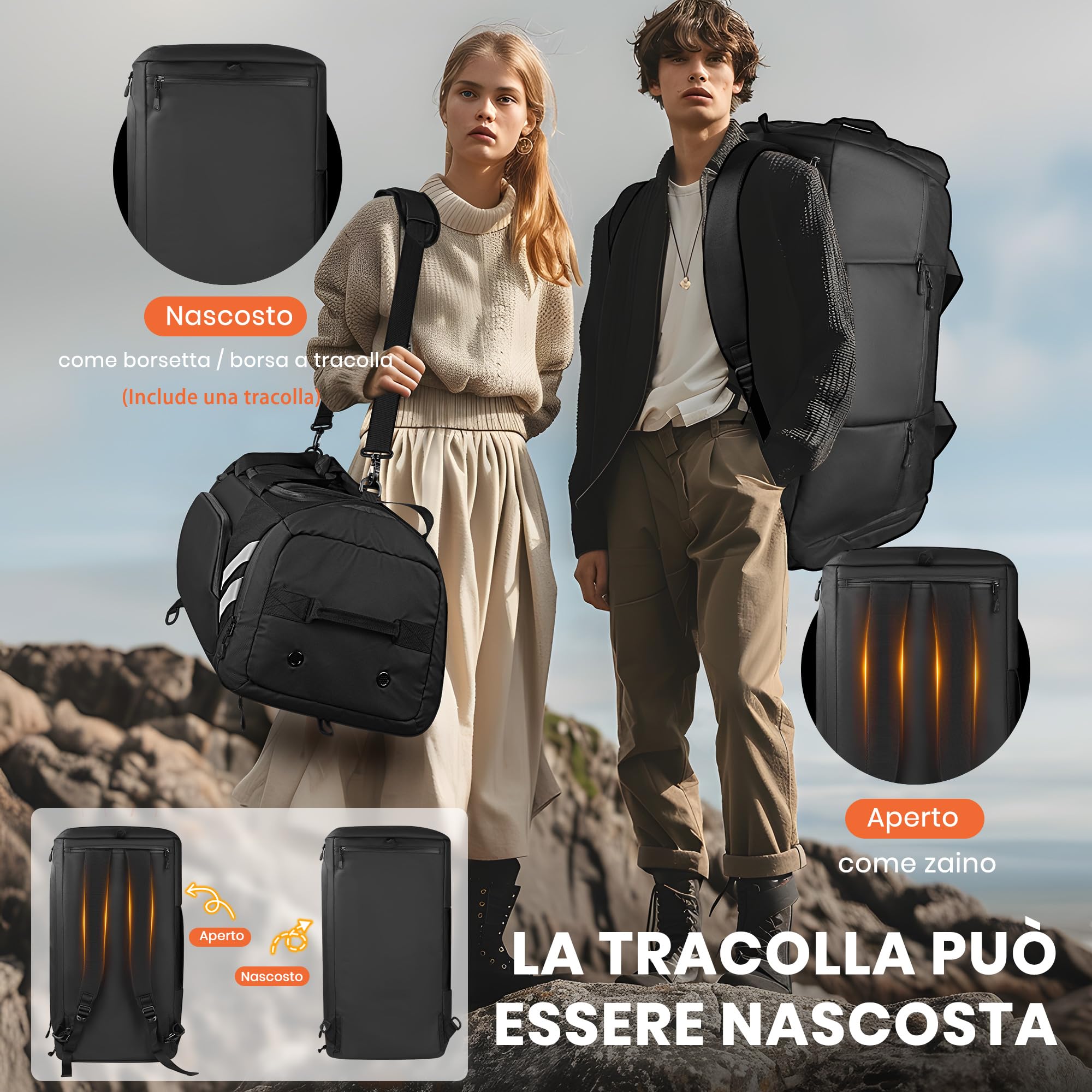 Borsone Palestra Uomo Donna, 58L Borsone per Uomo con Porta Scarpe e Tasca Umida da Viaggio, Spallacci Occultabili, Borsone Palestra Impermeabile per Viaggi, il Fitness, lo Sport, Campeggio