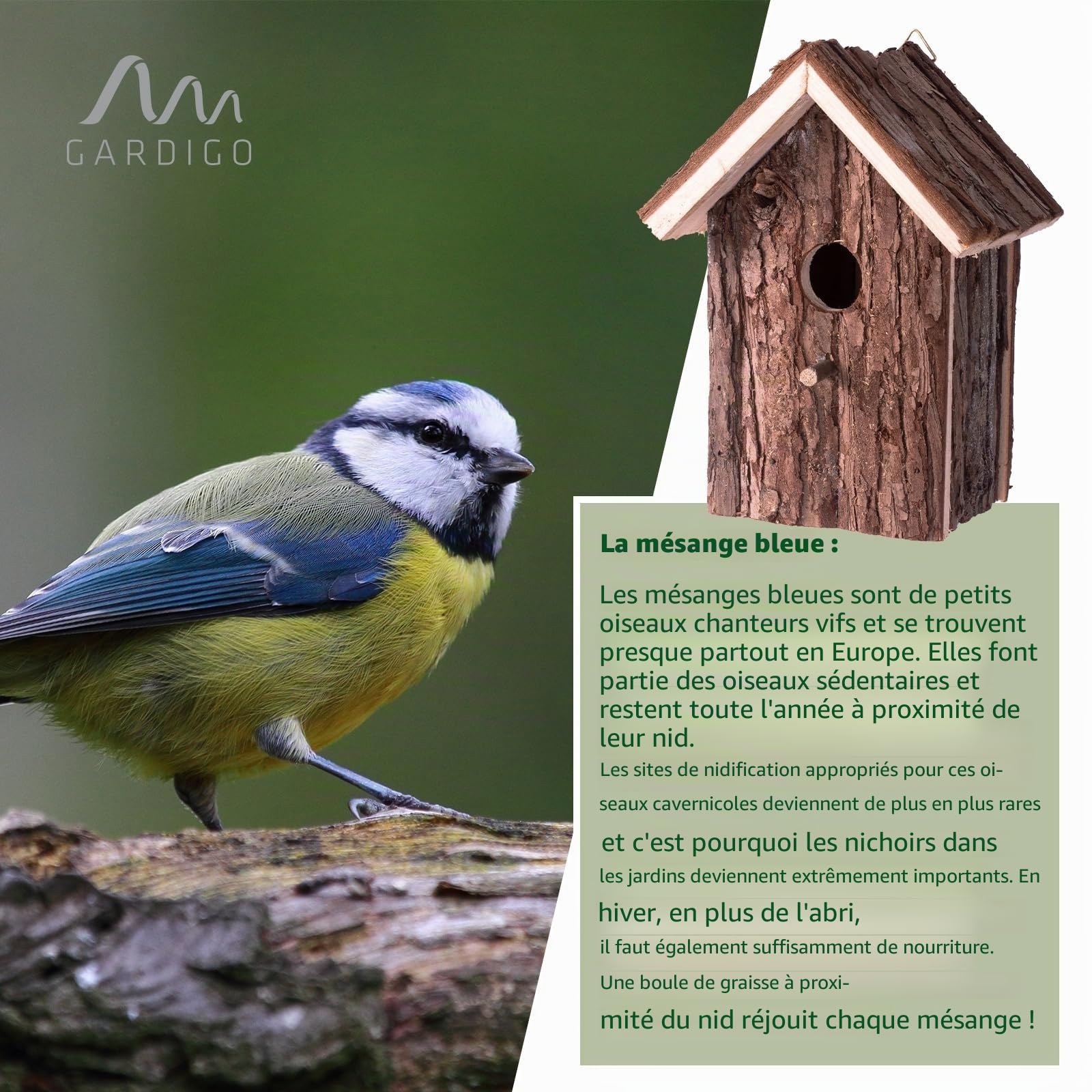 GARDIGO® Nichoir Mésange en Bois Naturel Écorce – Cabane Oiseaux Extérieur à Suspendre – Maison Oiseaux Jardin/Balcon– Abri Nidification Oiseaux Sauvages