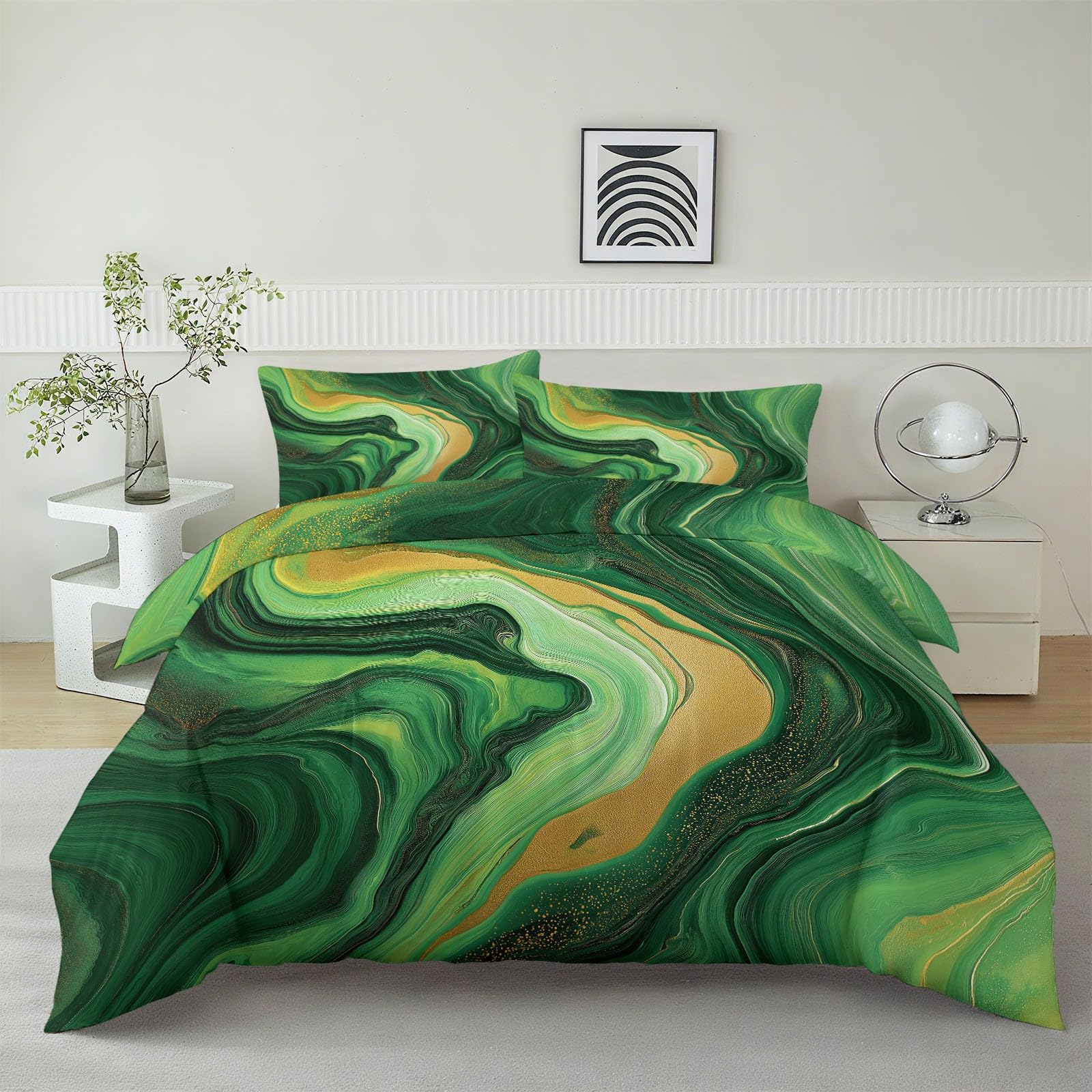 Housse de couette 240x260cm vert et or marbre avec 2 taies d'oreiller