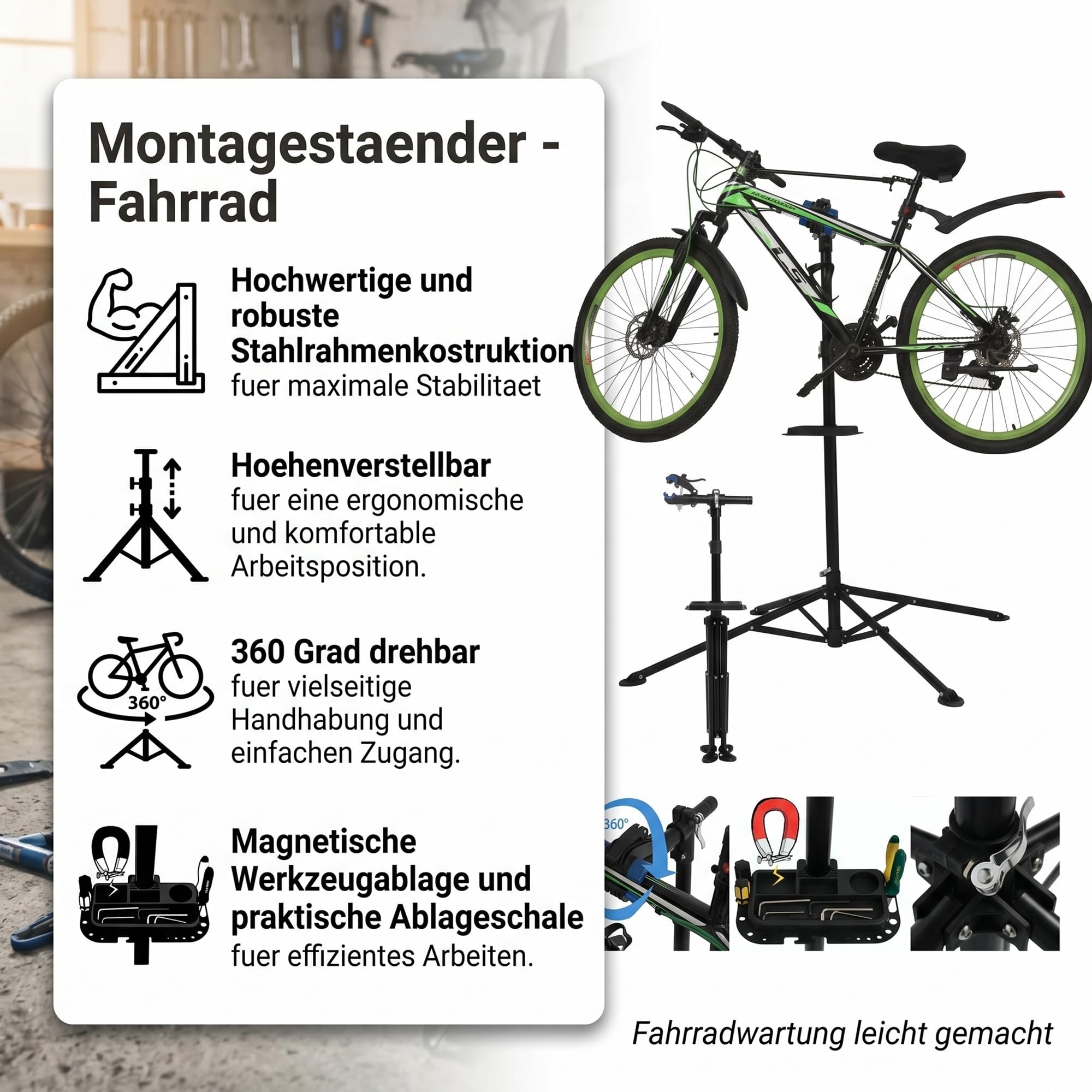 Mucola Fahrrad Montageständer 360° drehbar höhenverstellbar bis 200 cm – Reparaturständer aus Stahl mit Schnellspannklemme & Werkzeugablage – Zentrierständer für MTB E-Bike Rennrad Werkstatt