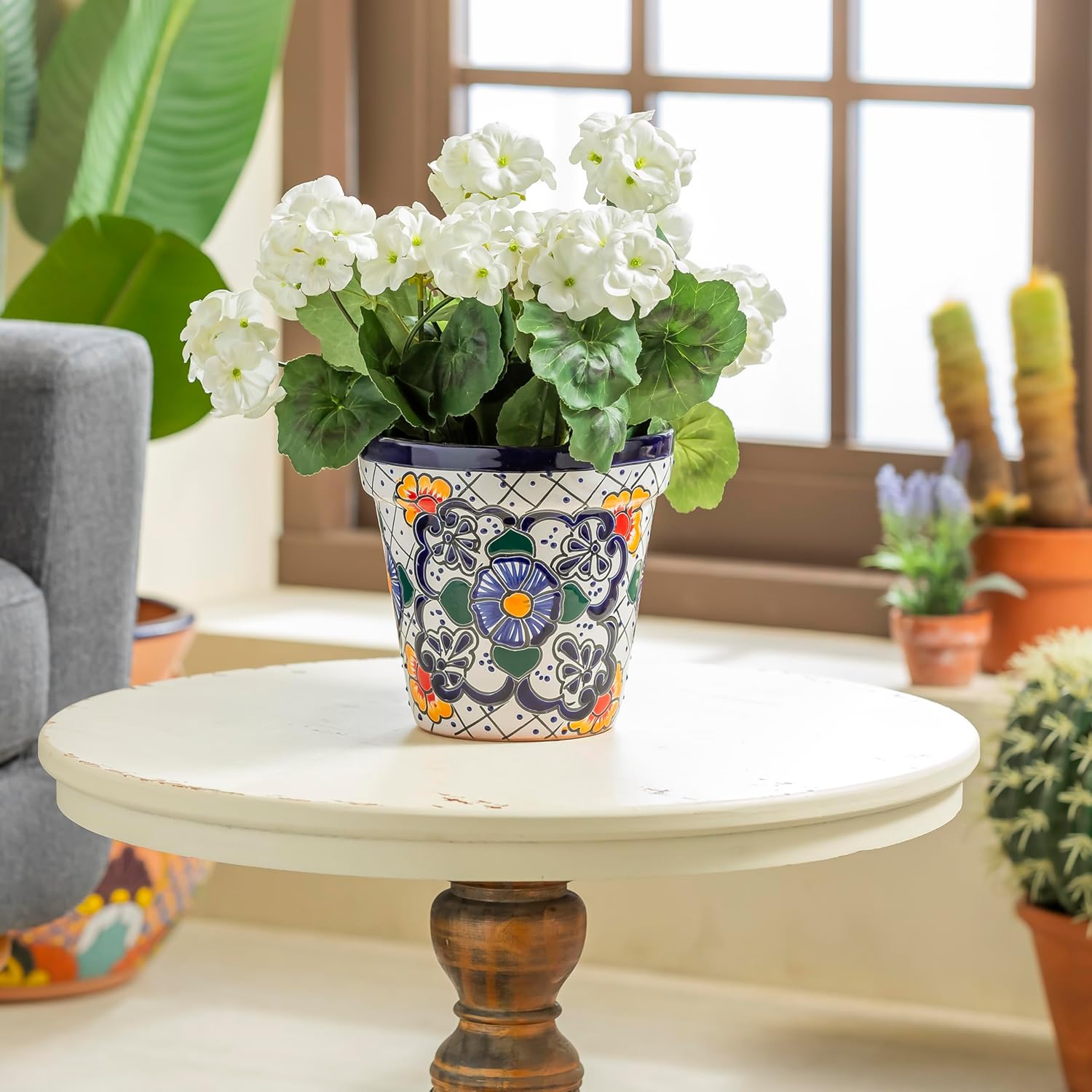 Evergreen Garden Talavera Mexican Pottery Ceramic Talavera White Vase Planter | Flower Pot Plant Succulent | Indoor Outdoor (8 inch)