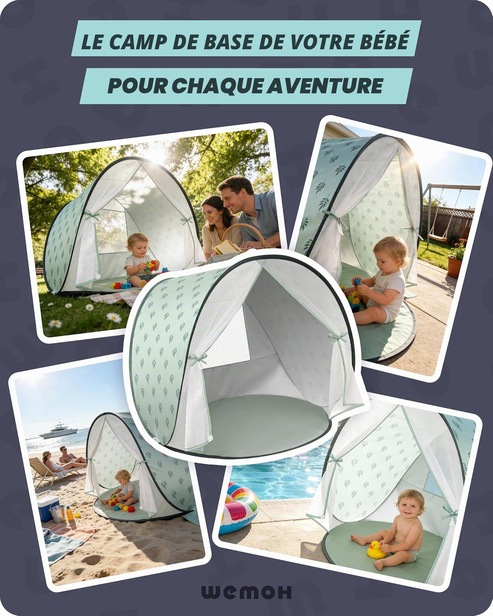 Tente de Plage pour bébé avec Protection UV UPF 50+, Tente de Plage Pop-up pour Enfants et bébés, Montage Automatique, Protection Contre Le Vent, avec Sac de Transport et piquets