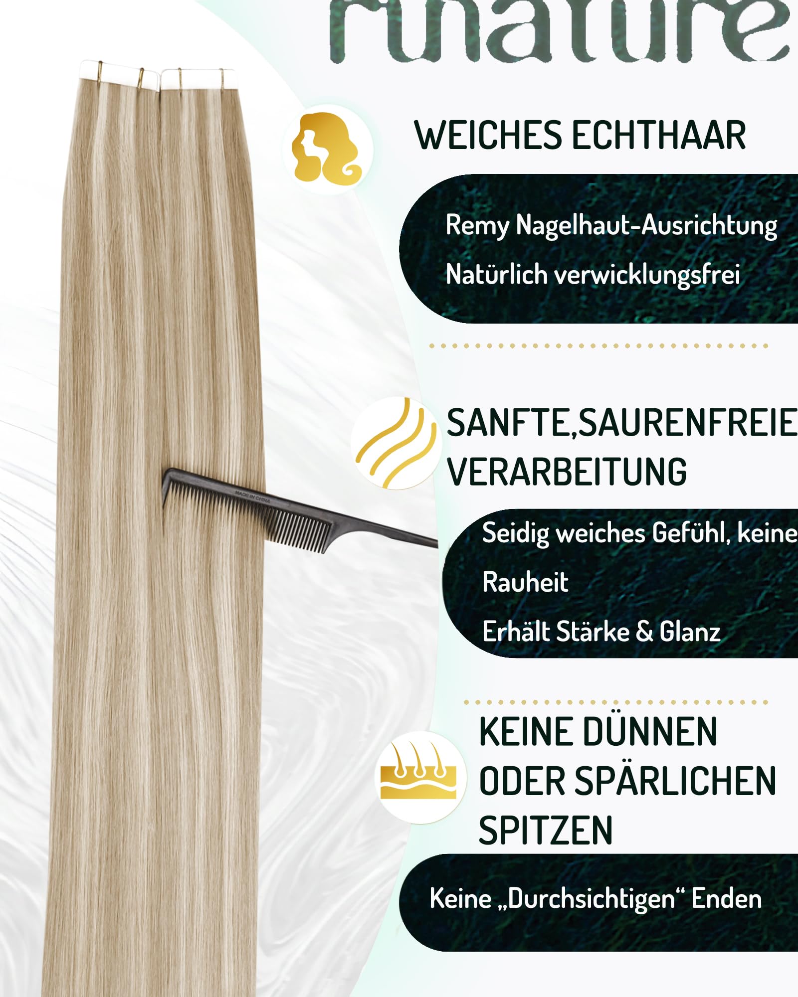 RUNATURE Extensions Echthaar Tape Blond 50cm 20pcs 50g #8P60 unsichtbar