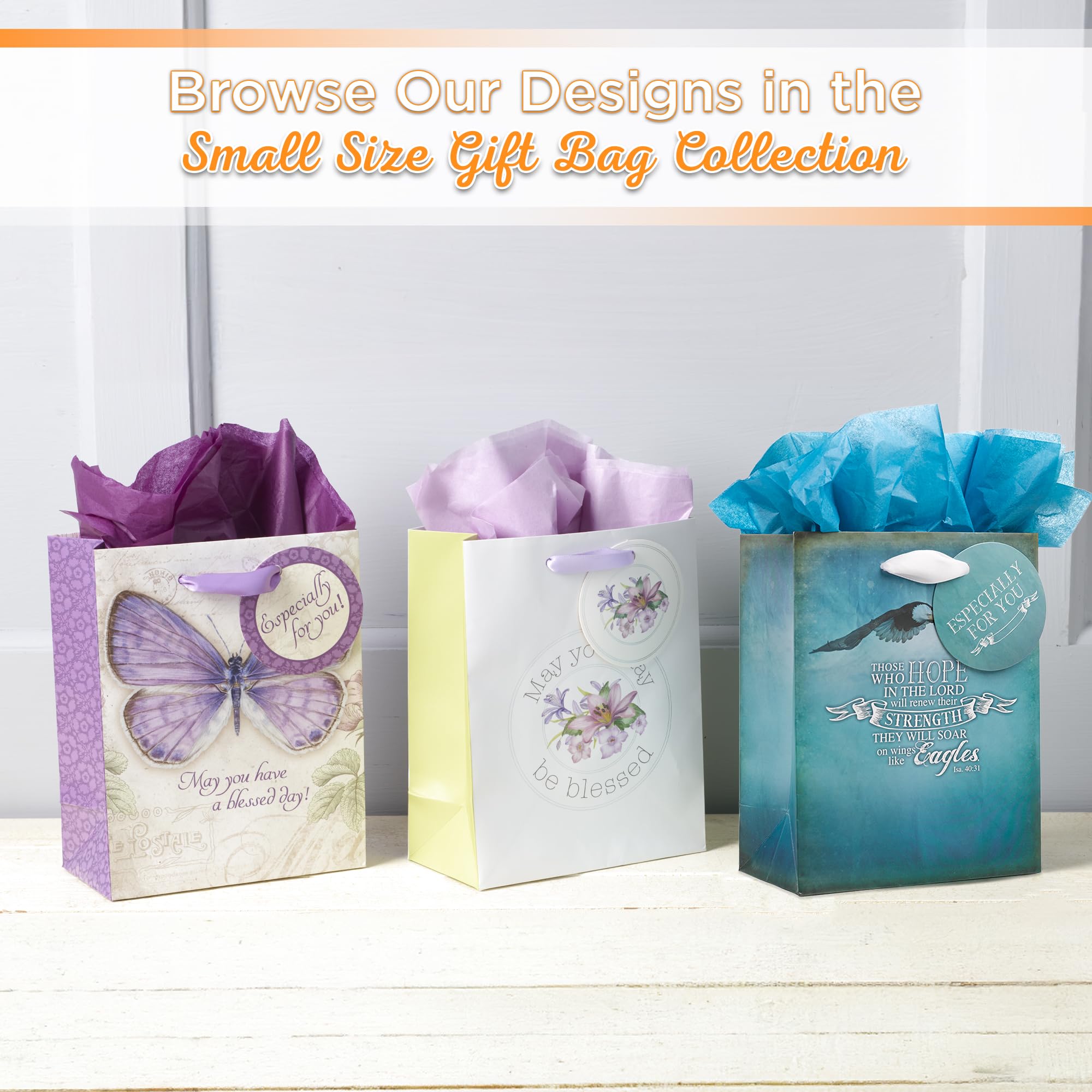Christian Art Gifts Gift Bag, Card, and Tissue Paper Blessed Day Numbers 6:24 Bible Verse, Purple Butterfly, Small