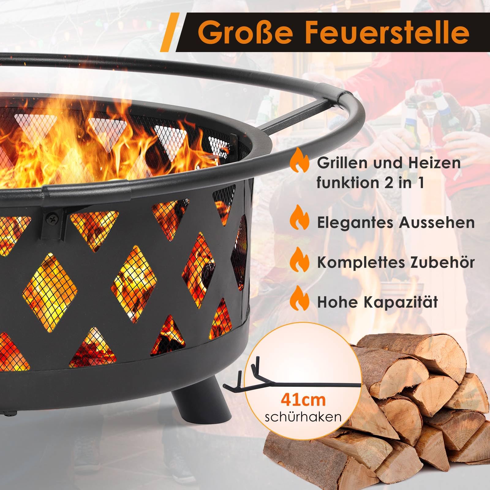 TLSUNNY Feuerschale, Ø 76cm Feuerkorb mit Funkenschutz und Schürhaken | Feuerschalen für den Garten Groß, BBQ Feuerstelle Outdoor mit Grill, 3PCS Beine, Retro-Look Fire Pit, Zum Grillen und Heizen