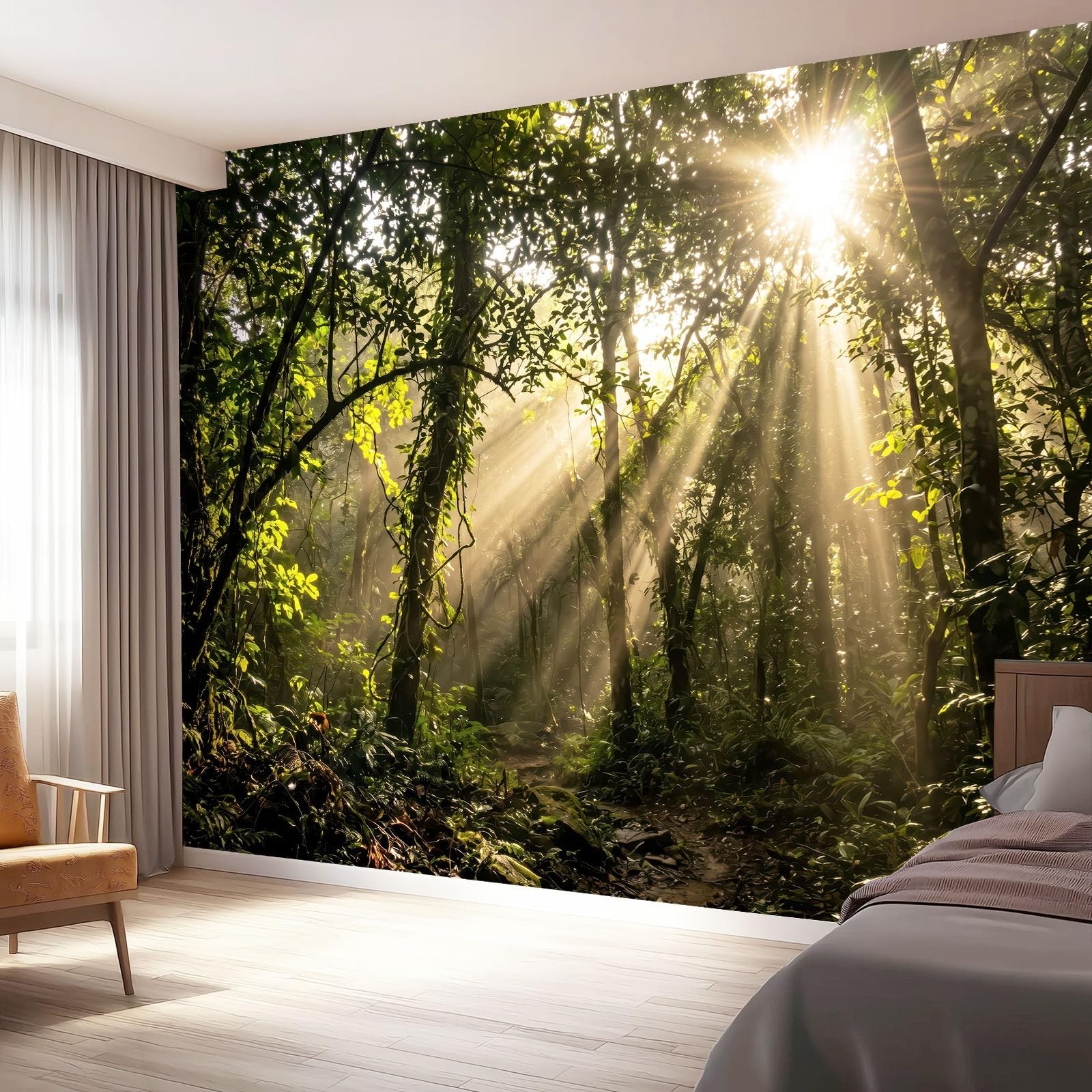 Fototapeta natura, dżungla, światło słoneczne, drzewa, pnącze, krzewy, tapeta z motywem, tapeta ścienna, dekoracja, 350 x 256 cm, fototapeta z włókniny XXL, nowoczesna tapeta ścienna do salonu