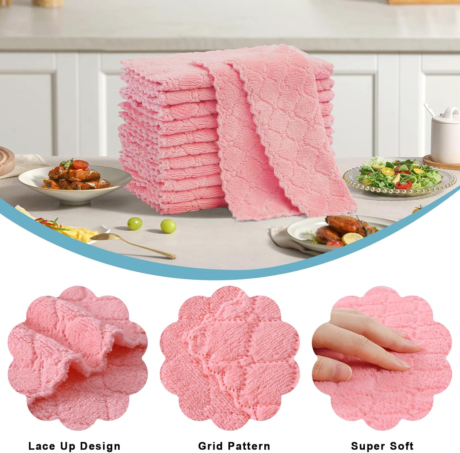 Homaxy Kitchen Towels 16 Pack, 100% Cotton Terry Checkered Designed Pink, 13 x 28 inches Dish Towels and 12 Pack Coral Velvet Dish Towels 10 x 10 Inches, Pink