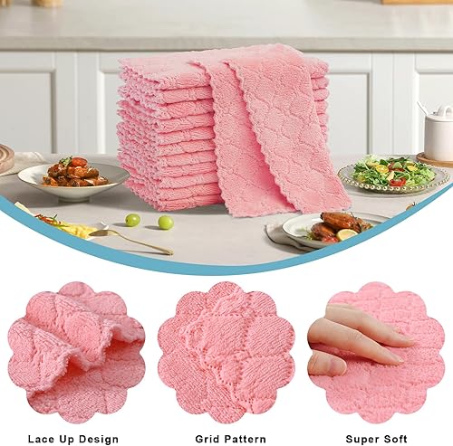 Miniatura 4 de Homaxy Paquete de 16 paños de cocina, 100% algodón de rizo a cuadros, color rosa, 13 x 28 pulgadas y 12 paños de cocina de terciopelo coral de 10 x