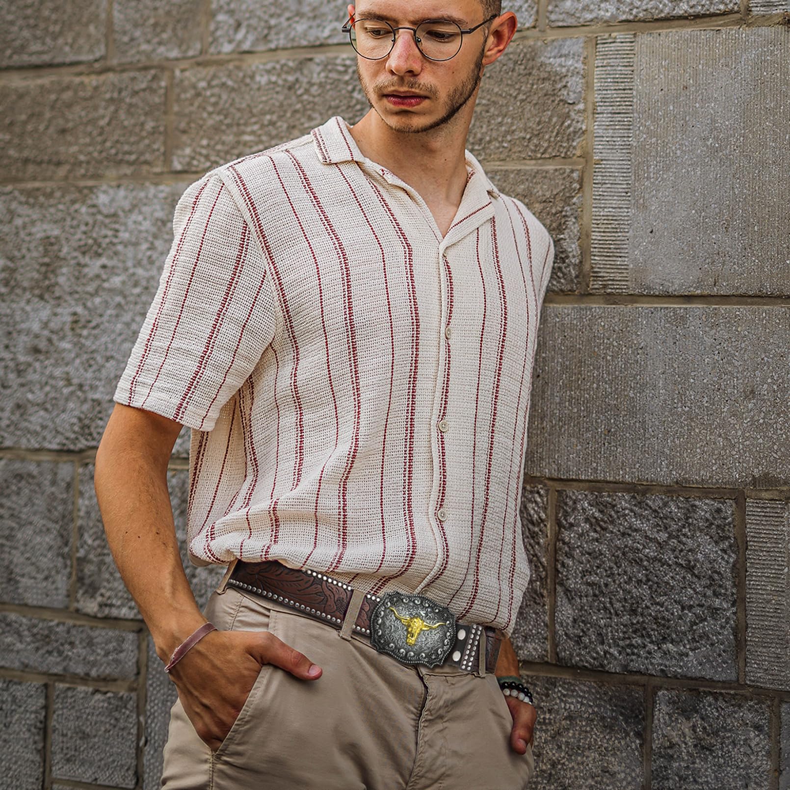 RechicGu Mens Western Leather Buckle Belt, Bull Head Engraved Dark Brown Cowboy Concho Belts With Long Horn Bull Buckles, 1-1/2 Inch Wide M