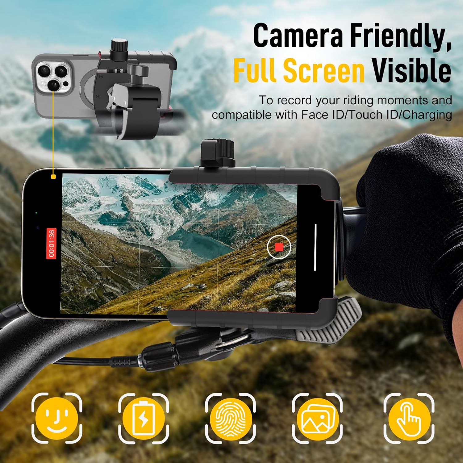 Moman Bike Phone Holder, PMS1 Universal Motorcycle Phone Mount【Unobstructed Lens】 360° Rotatable Quick Release Compatible with iPhone Samsung 4.5”-7.0” Phone, Motorcycle-Phone-Holder-Motorbike-Mount