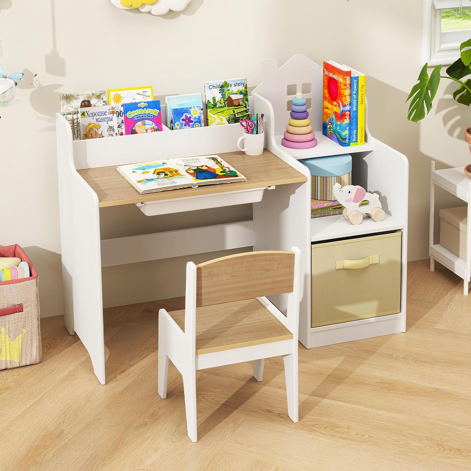 INFANS Kids Table and Chair Set, Toddler Art Craft Play Wood Activity Desk with Chairs Storage Canvas Bin for Writing Drawing, Children Furniture for Daycare Nursery Boys Girls 3+ (Natural)