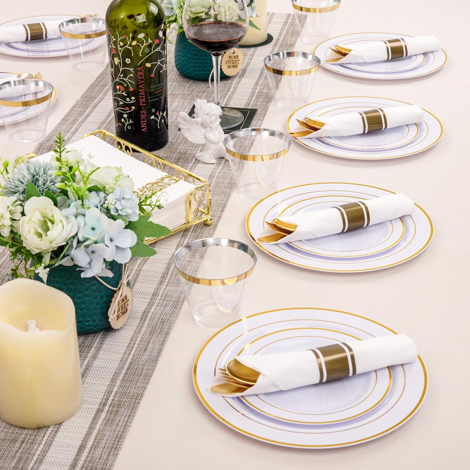 350 Piece Gold Plastic Dinnerware Set For 50 Guests - Gold Plastic Plates With Disposable Cutlery Include:50Dinner Plates-50Dessert Plates-50Pre Rolled Napkins With Gold Silverware