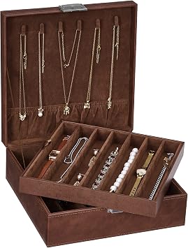 BEWISHOME Jewelry Boxes for Women, 2-Layer Necklace Organizer Box, Modern Style Jewelry Organizers and Storage with Removable Pad, Mothers Day Brown SSH31Z