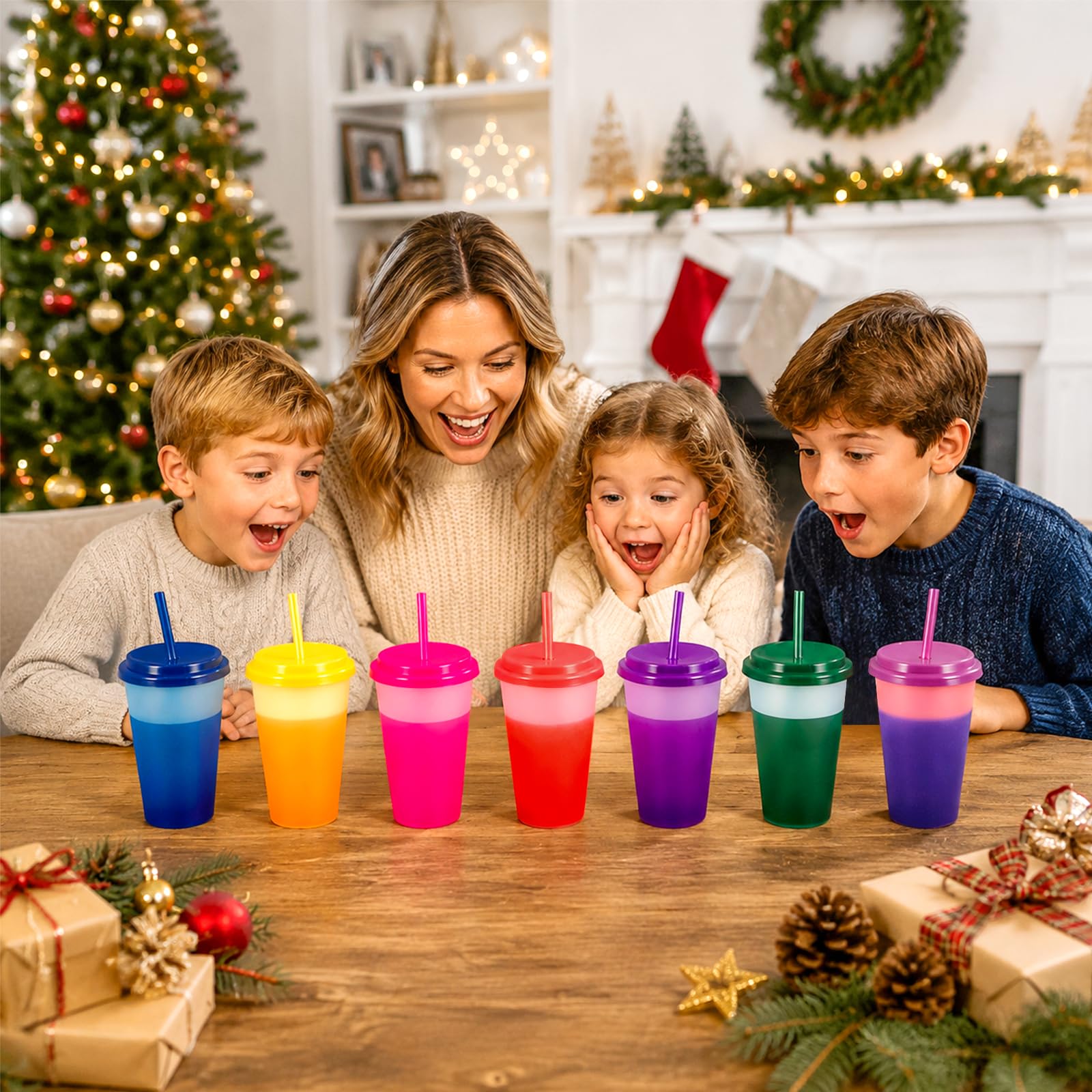 Patinao Lot de 14 gobelets avec paille et couvercle – 350 ml – Gobelets à changement de couleur réutilisables en plastique pour enfants – Tasse de voyage, tumbler, café glacé, boisson froide,