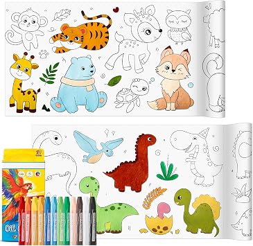 Coloring Paper Roll Set, 2 Rolls Drawing Roll Paper & 12 Pack Crayon, Sticky Rolls for Art, DIY Painting Drawing Coloring Rolls for Young Artists & Gifts for Age 14+, 11.8" x 118"