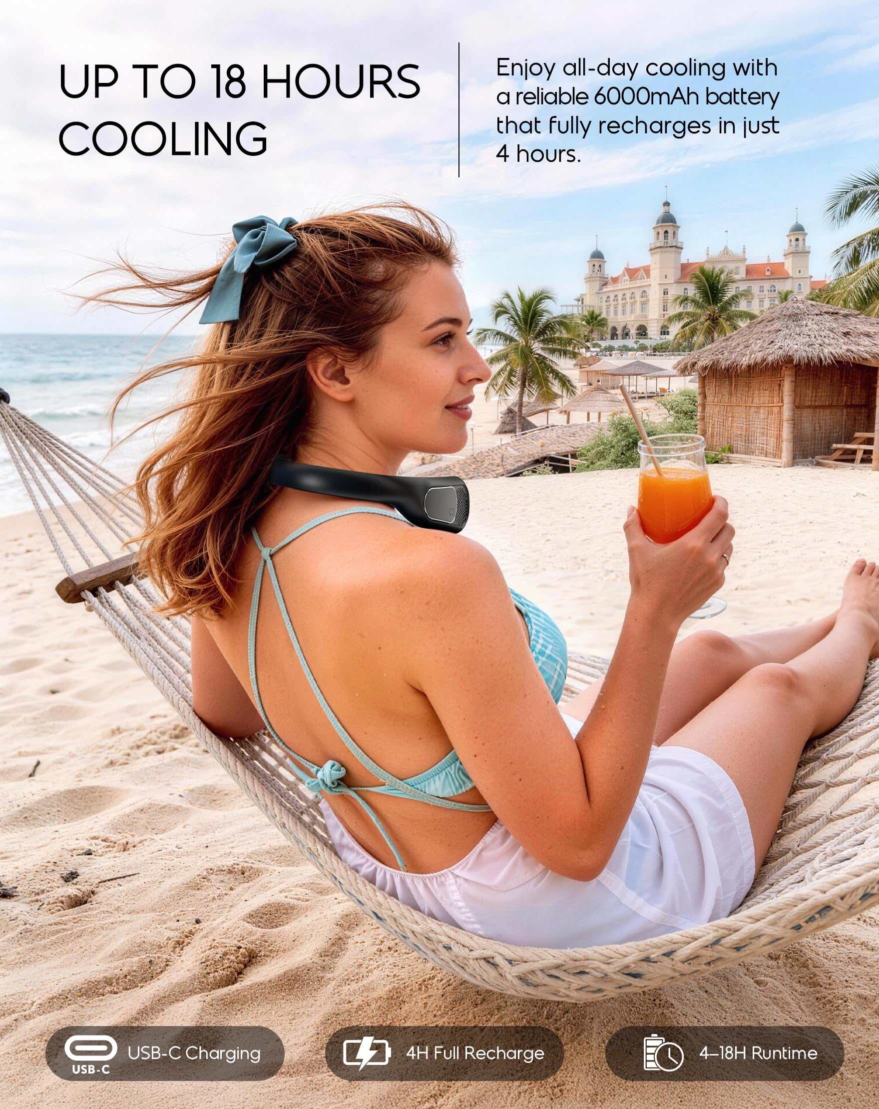 anysun Ventilatore da collo senza pale, ventilatore portatile con 66 prese d'aria, flusso d'aria a 360°, 4 velocità, ricaricabile USB 6000 mAh, leggero ventilatore indossabile per ufficio, pendolari