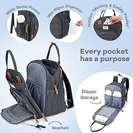 RUVALINO Diaper Bag Backpack-Expandable Baby Bag with up to 50% Capacity -Baby Essentials Bag with Changing Pad Insulated Bottle Holders & Pacifier Case, Waterproof, Dark Gray XL