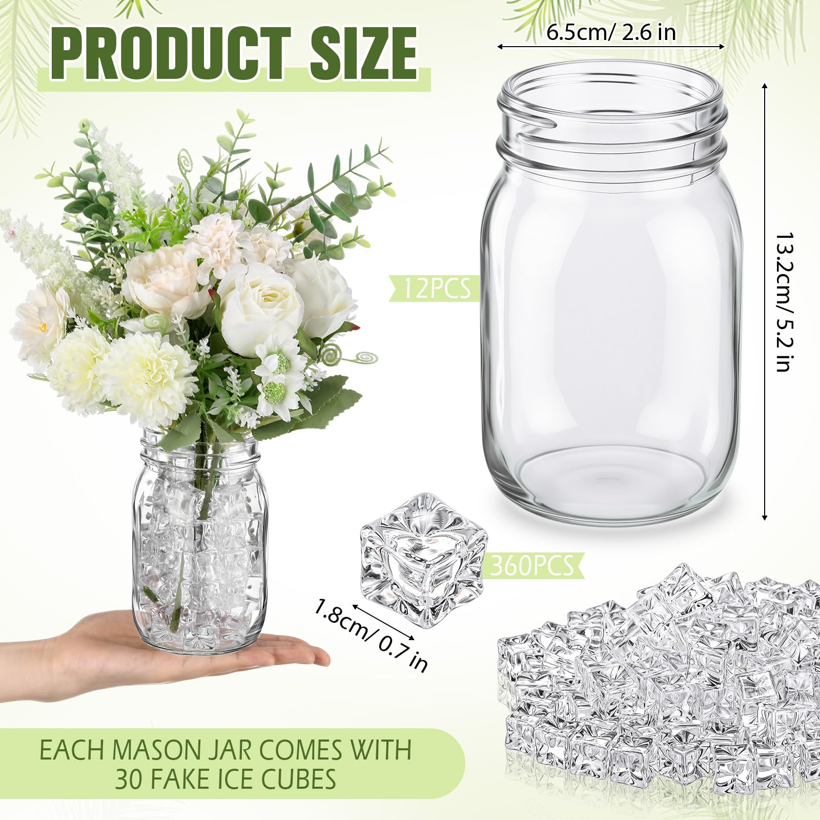 Mimorou 12 Set Regular Mouth Glass Jars Centerpieces Sets Clear Glass Jar 16oz Without Lid Fake Ice Acrylic Clear Decorative Cubes for DIY Flower Wedding Centerpiece Home Decor