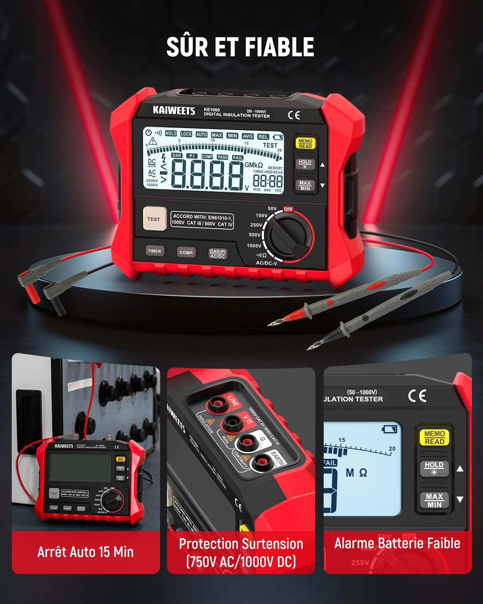 KAIWEETS Testeur de résistance d'isolement jusqu'à 100 GΩ 50 V/100 V/250 V/500 V/1000 V DAR/PI One Touch avec test de tension AC/DC pour moteurs solaires CVC