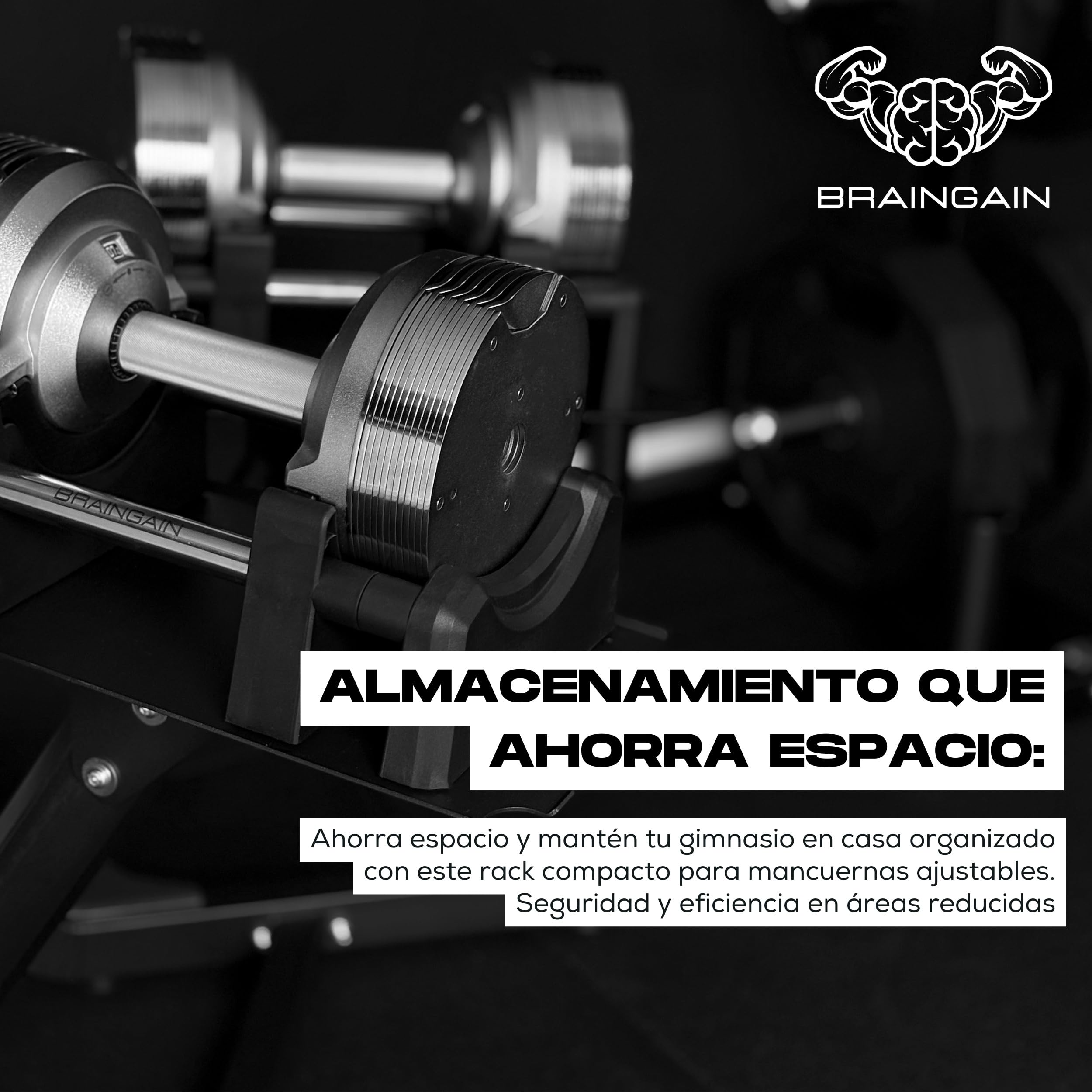BRAINGAIN Soporte para Pesas – Rack para Mancuernas Ajustables (Compatible con mancuernas BRAINGAIN de 20 kg, 23,5 kg, 32 kg, 32,5 kg y 41,5 kg) Negro/Cromado