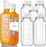 Syntic 6 Pack 16oz Glass Juice Bottles with Airtight Screw Lids & Silicone Pour Spouts - Reusable Square Milk Jars, Capacity Marks, Extra Lids (500ml)