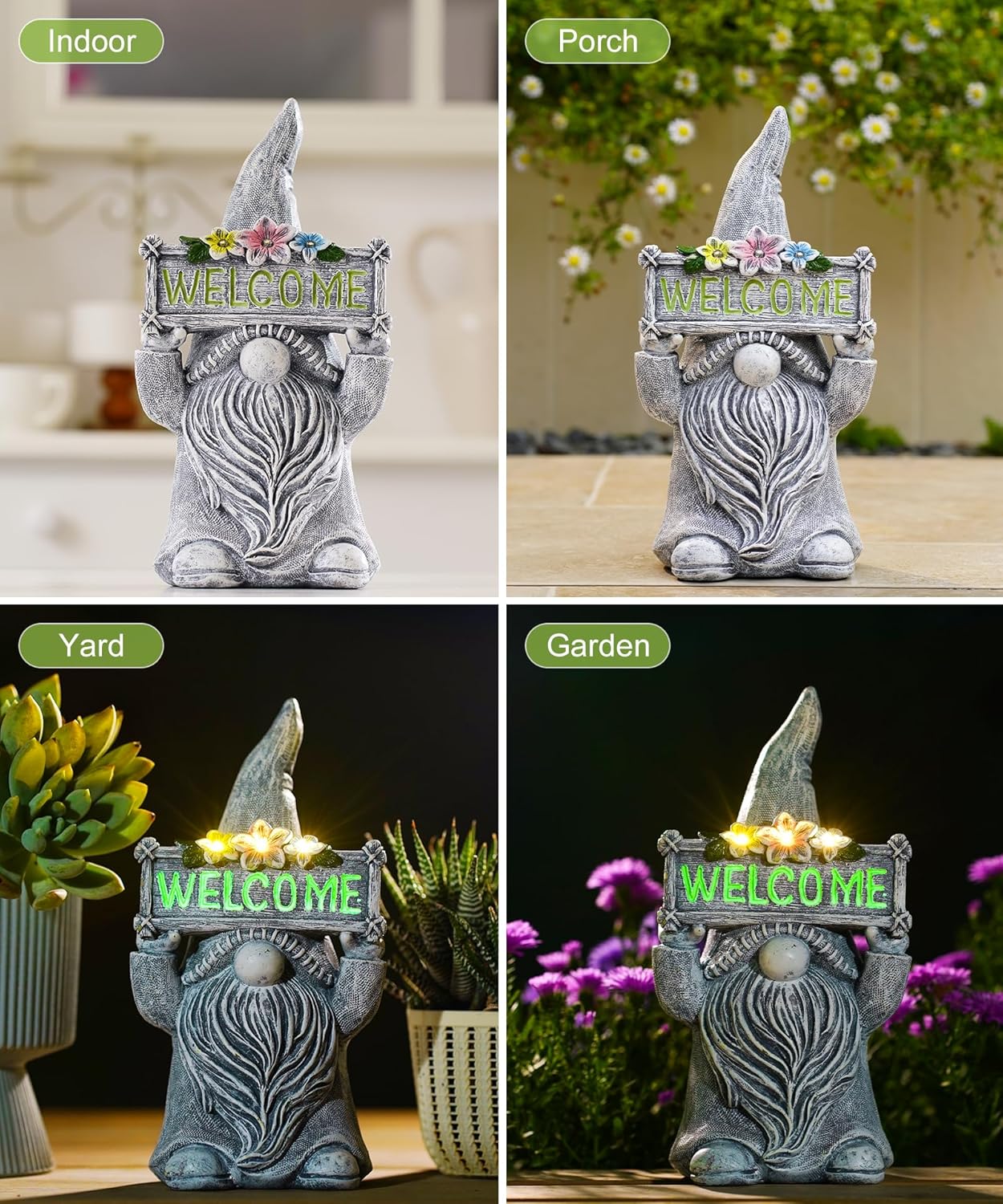 Nacome Solar Gnome Statue for Garden Decor: Outside Sculpture with Flower Welcome Sign Clearance for Yard Art Lawn Ornaments Porch Patio Balcony - Birthday Gifts for Grandma Mom Women(Grey)