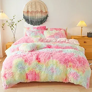 Faux Fur Fluffy Rainbow Comforter Cover Queen Set – Plush Faux Fur Rainbow Bedding 3-Piece Set (1 Duvet Cover + 2 Furry Pillow Shams) Cozy Bed Set