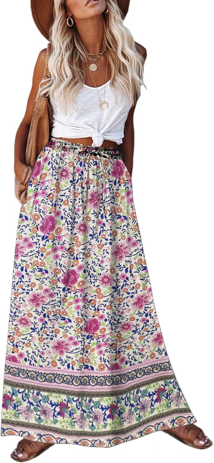 Zeagoo Women’s 2025 Boho Floral Skirt Casual Elastic High Waist Maxi Skirts Flowy A Line Beach Long Skirt with Side Pockets