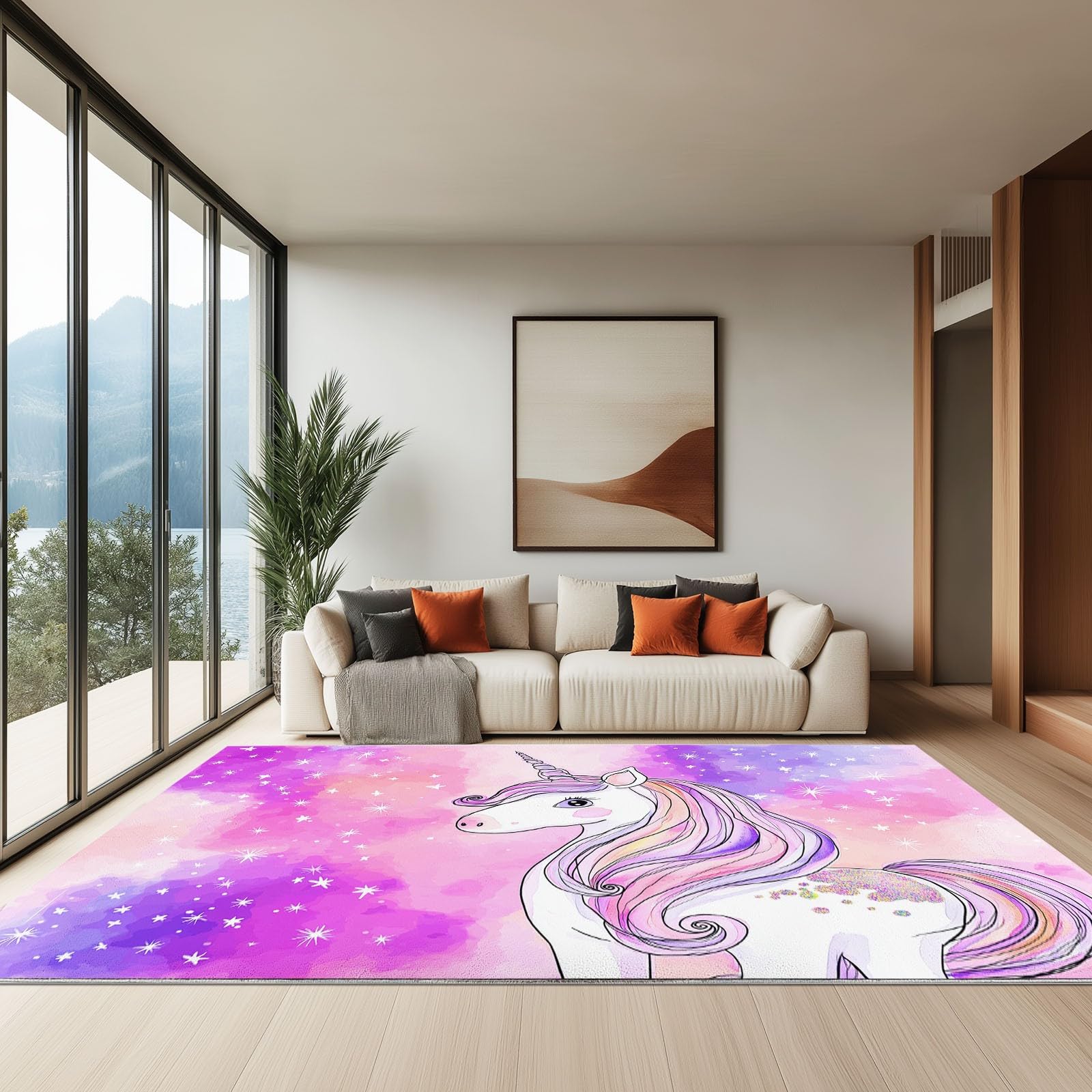 Generisch Teppich Maschinenwaschbar 160 x 230 cm Sterne Tiere Handgezeichnet, Weich rutschfest & Fusselfrei, Großer Teppich für Flur Schlafzimmer Wohnzimmer Gastzimmer Esszimmer, Tiefrosa
