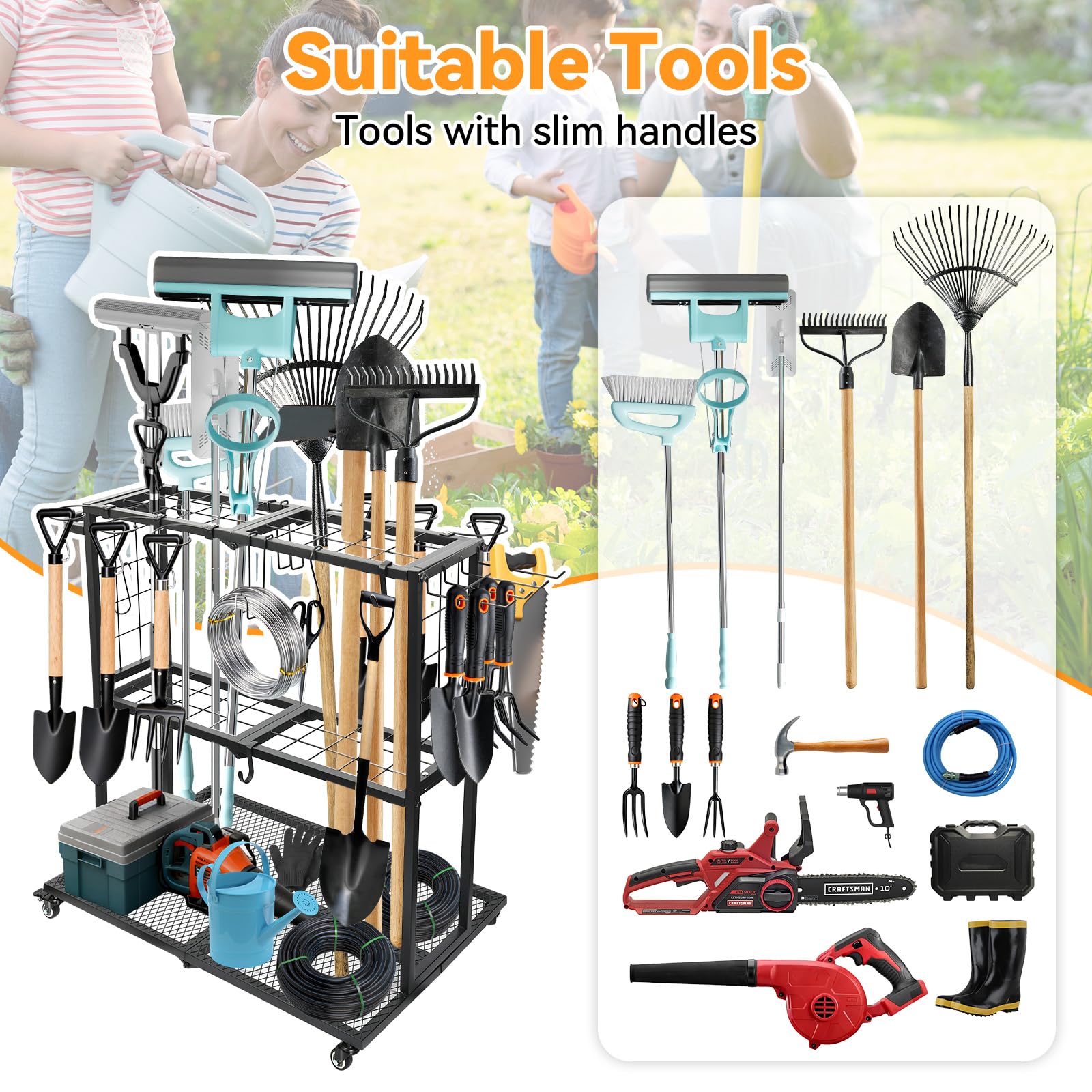 Gartengeräte Ständer mit Feststellrollen 20 Fächer + 5 Slots | gartengeräte halterung für langgestielte Geräte/Staubsauger/Rasenrechen für Garage Schuppen Außenbereich 56×83×88cm