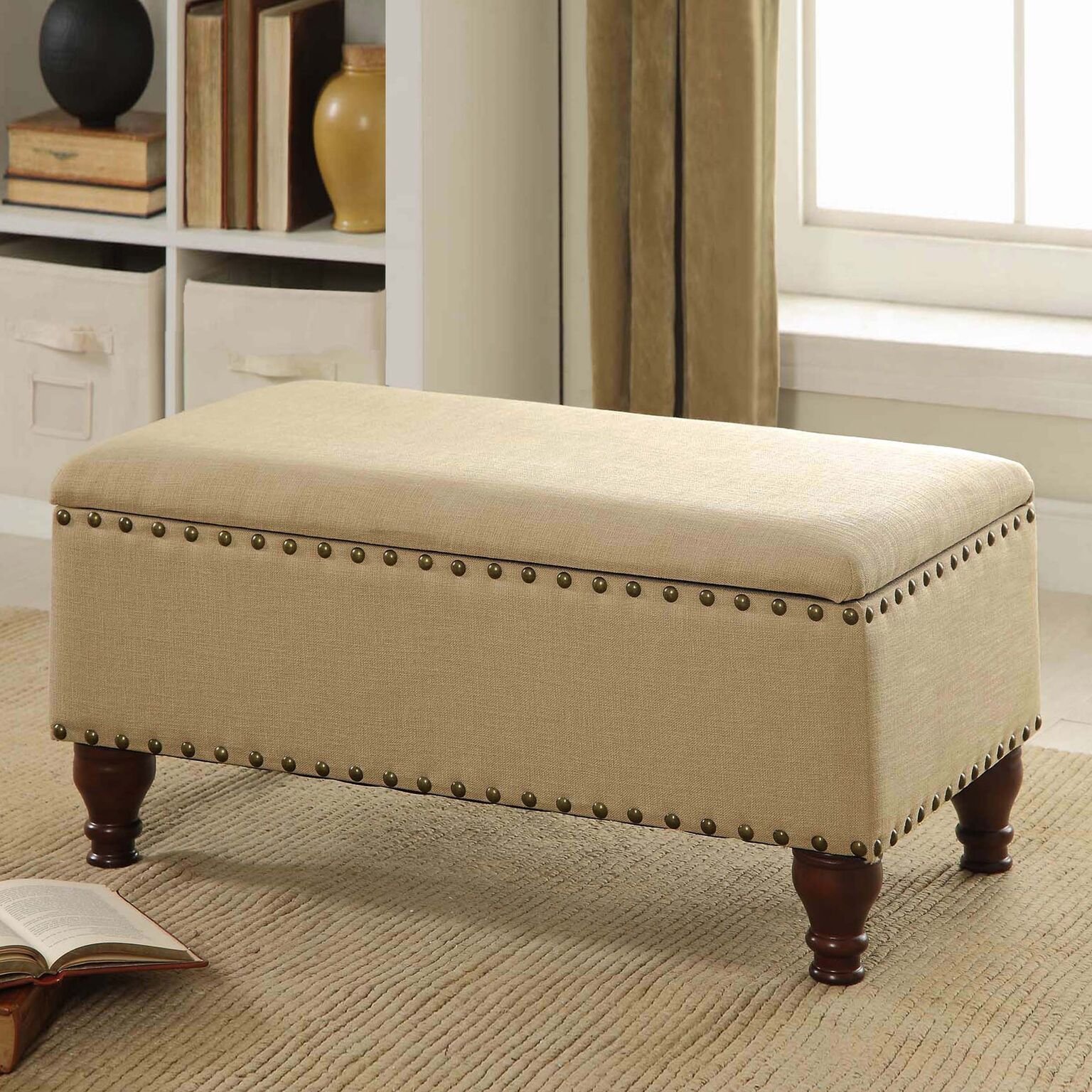 HomePop Linen Storage Bench with Nailhead Trim and Hinged Lid, Tan