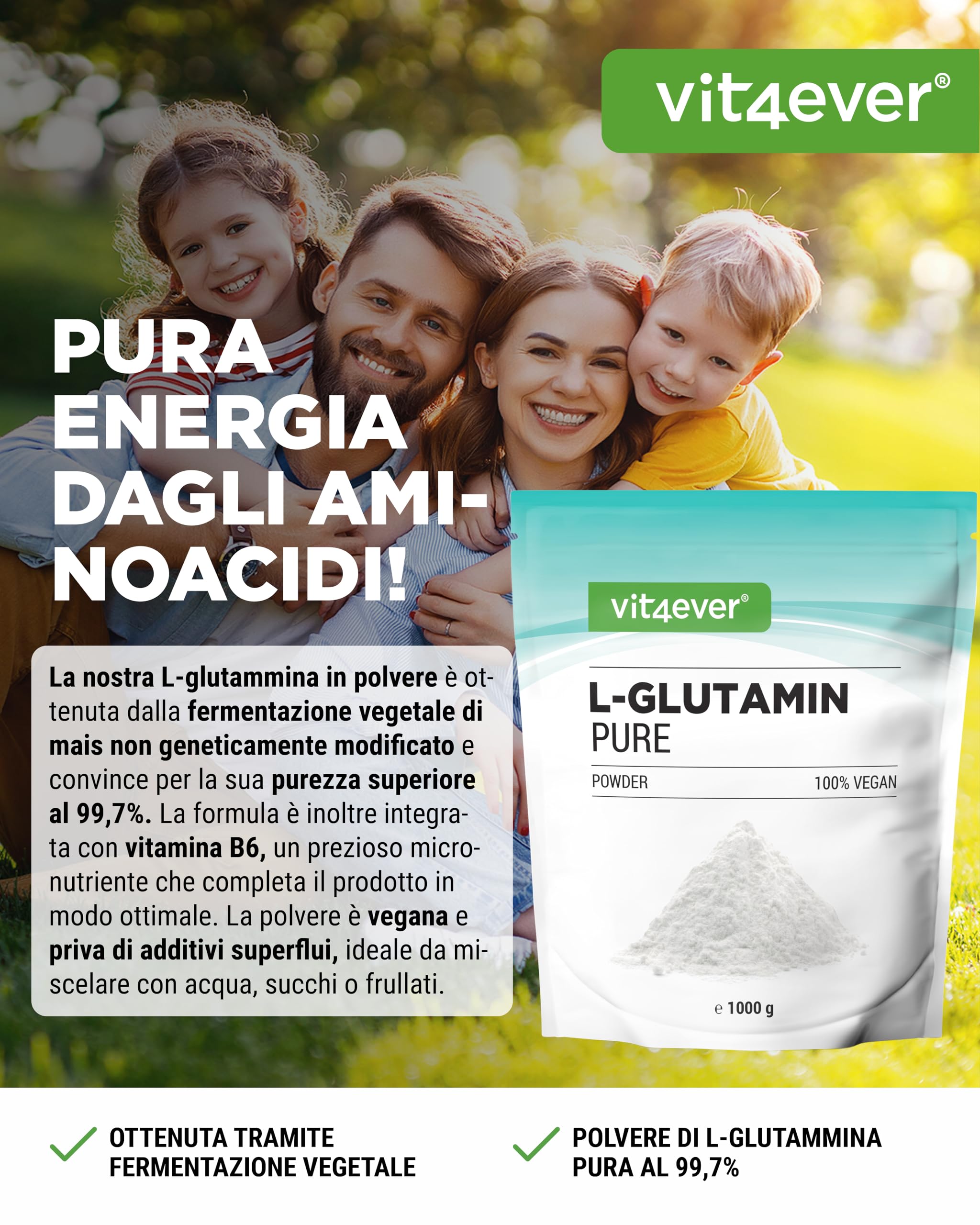 vit4ever Polvere di L-glutammina - 1000 g / 1 kg - Polvere di amminoacidi ultrapura, extra ad alto dosaggio - 100% vegana - Prodotta tramite fermentazione vegetale