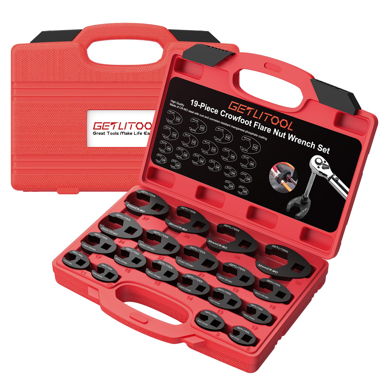 GETLITOOL 19Pcs Crowfoot Wrench Set, CR-MO Steel Crows Foot Wrench Set with Storage Case, Oil Pipe Wrenches with Black Phosphate Coating for Automotive and Plumbing, 8mm-32mm