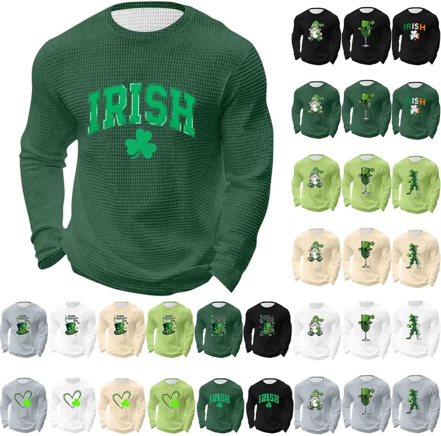 St Patricks Day Shirt Men Waffle Long Sleeve Shamrock Irish Saint Pattys Tops Plus Size Crewneck Casual Tee Shirts