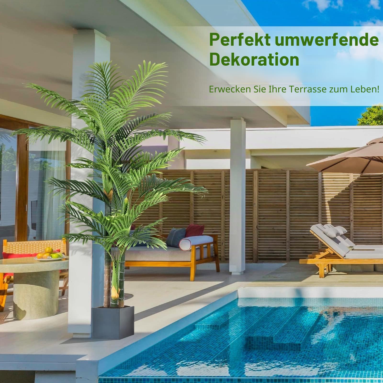 Künstliche Goldene Palme 180cm kunstpflanzen groß wie echt, UV-beständig kunstbaum groß, Kunstpalme für Haus Wohnzimmer Schlafzimmer Büro Balkon Garten Decor Künstliche Pflanzen (1 Stück)