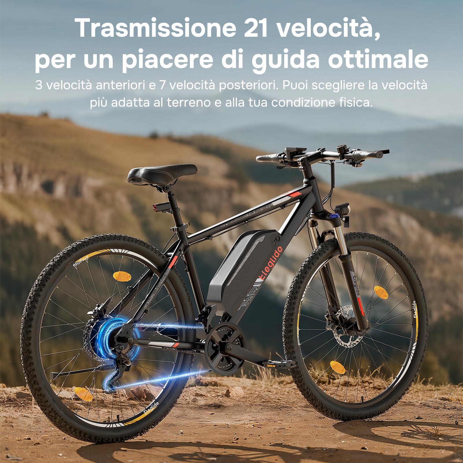 Eleglide Bicicletta elettrica, MTB Mopride 2 con Freno Idraulico a Disco, Mountain bike, Batteria Rimovibile da 15Ah, trasmissione 21-velocità, autonomia di 125 km